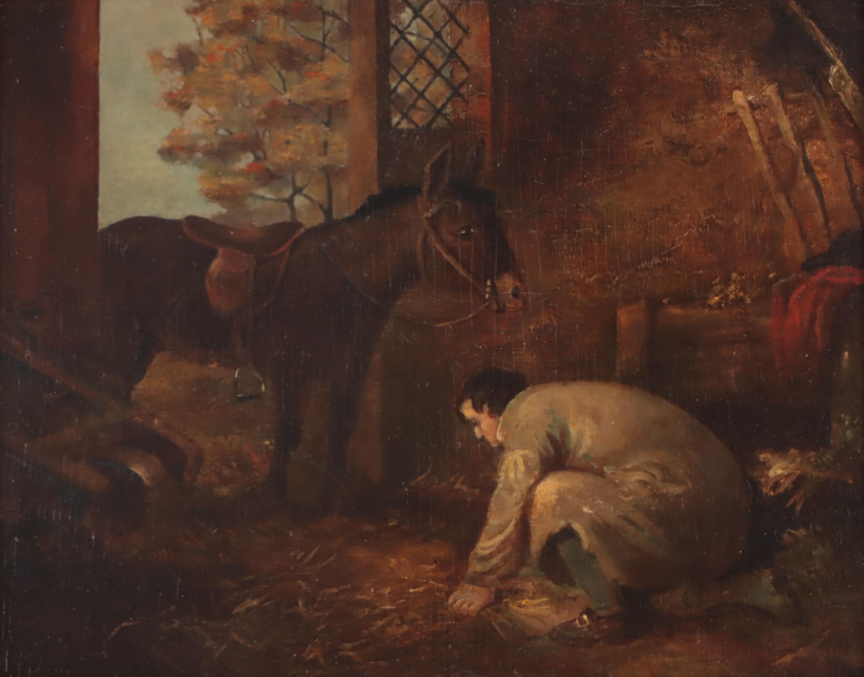 English School Barn Scene Oil Painting, Circa 1890