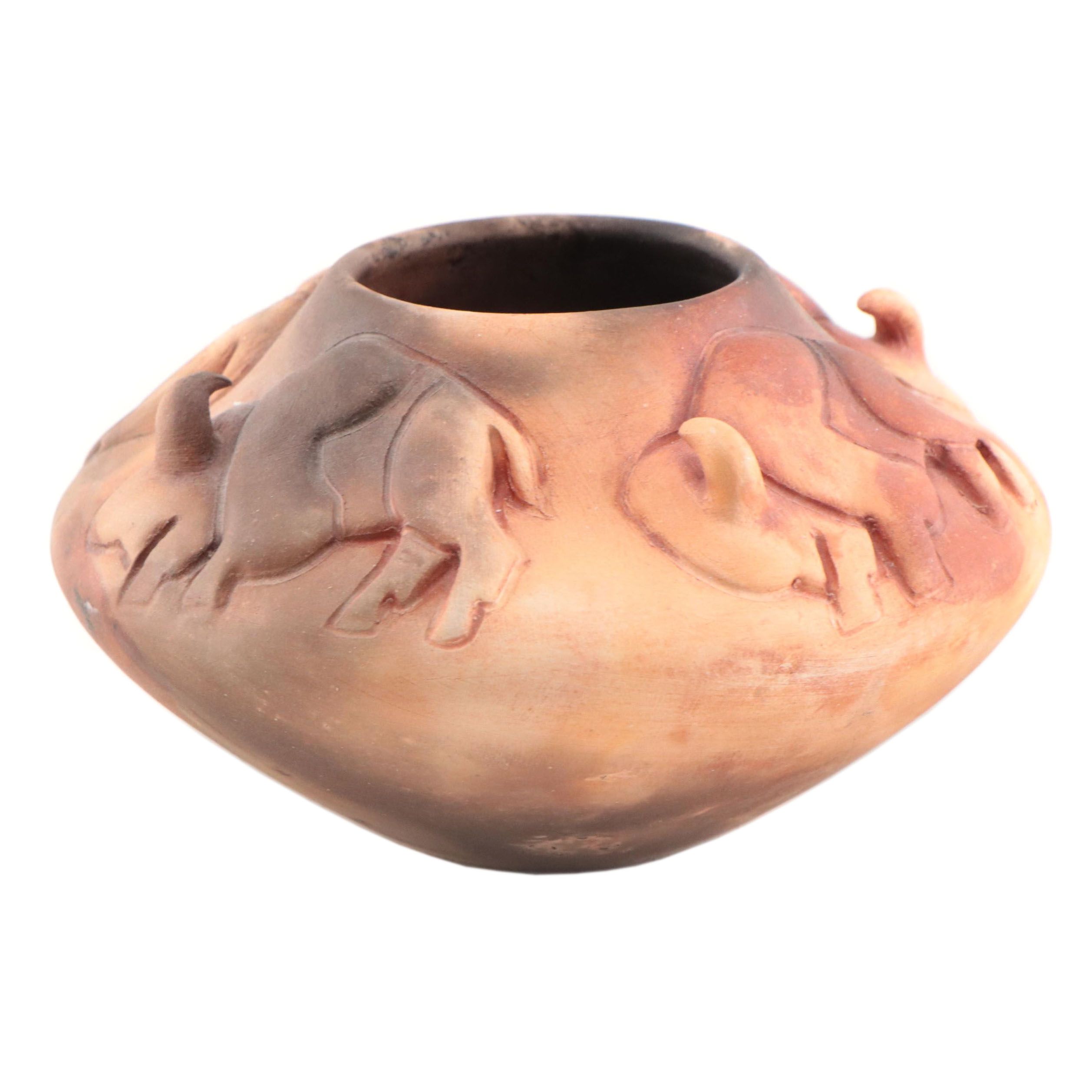 Pahponee Signed Buffalo Motif Raku Pottery Vessel, 2000