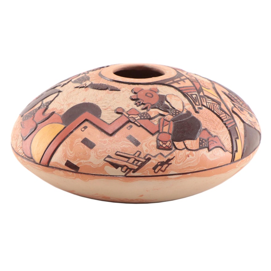 Delmar Polacca Nampeyo Signed Polychrome Terracotta Seed Pot, Late 20th C