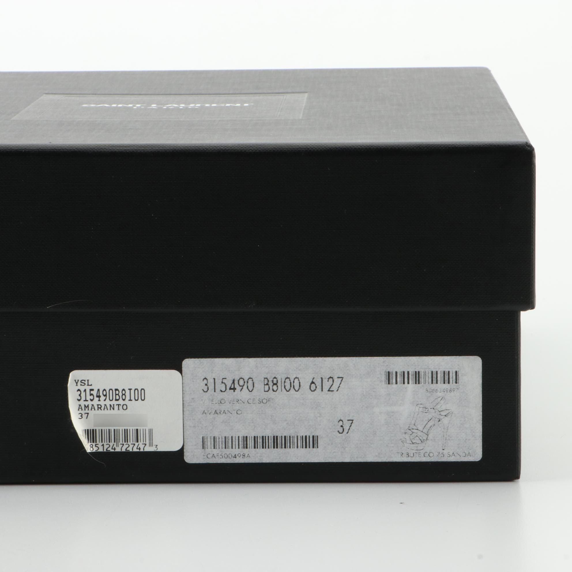 Saint Laurent Tribute 75 T-Strap Platform Sandals in Amaranto Patent Leather