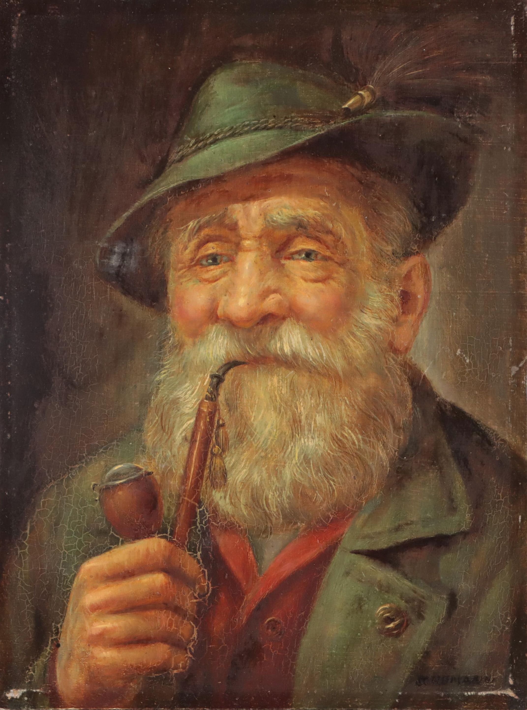 J. C. Humann Oil Portrait of German Man Smoking Pipe