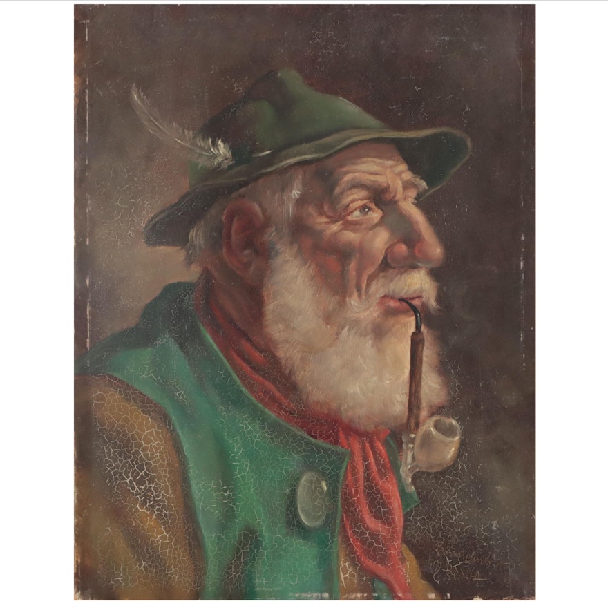 Brandmeir Oil Portrait of German Man Smoking Pipe