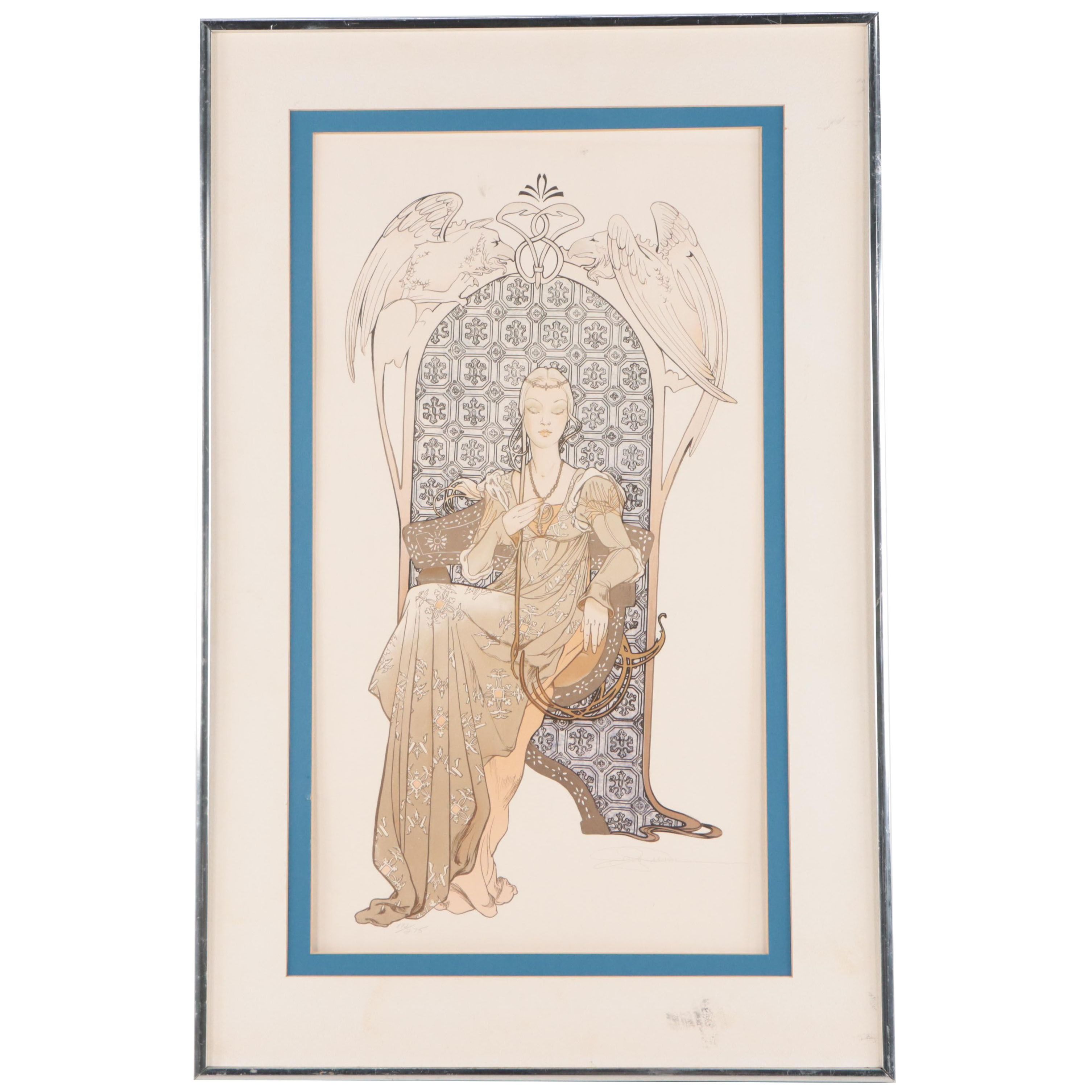 Art Nouveau Style Hand-Colored Lithograph