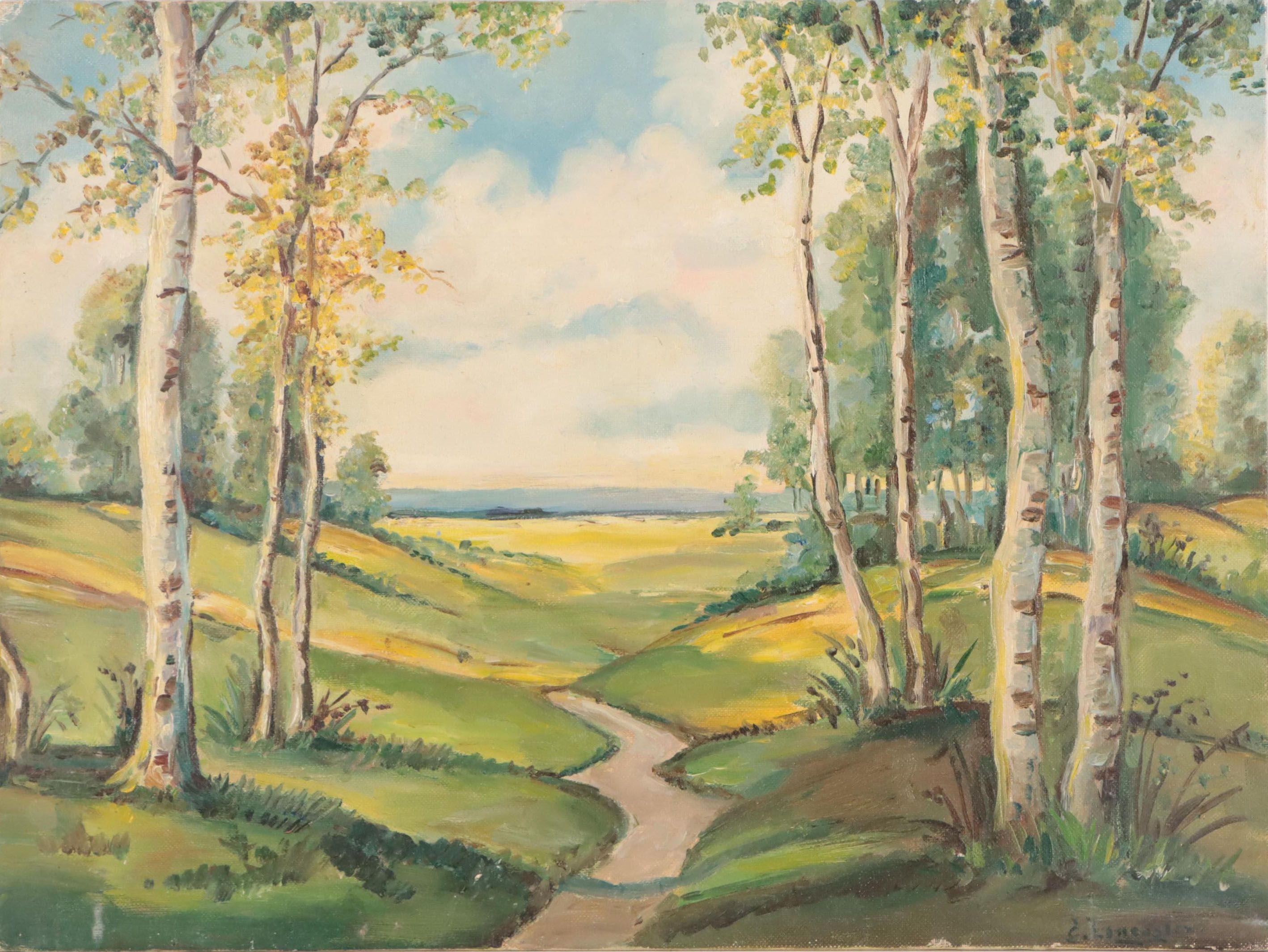 E. Lancaster Landscape With Birches Oil Painting