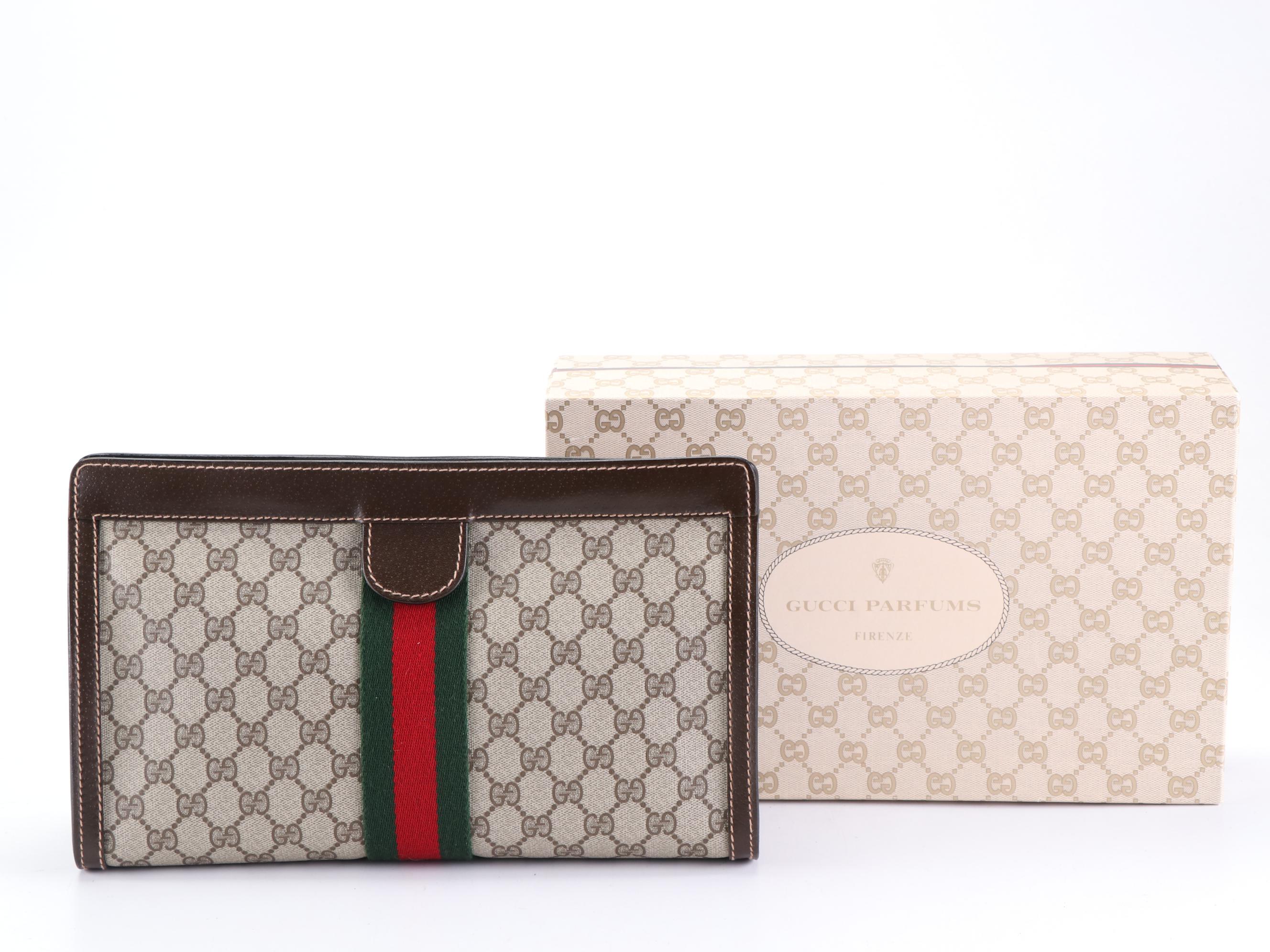 Gucci Parfums Web Oversized Pouch in GG Coated Canvas and Leather with Box