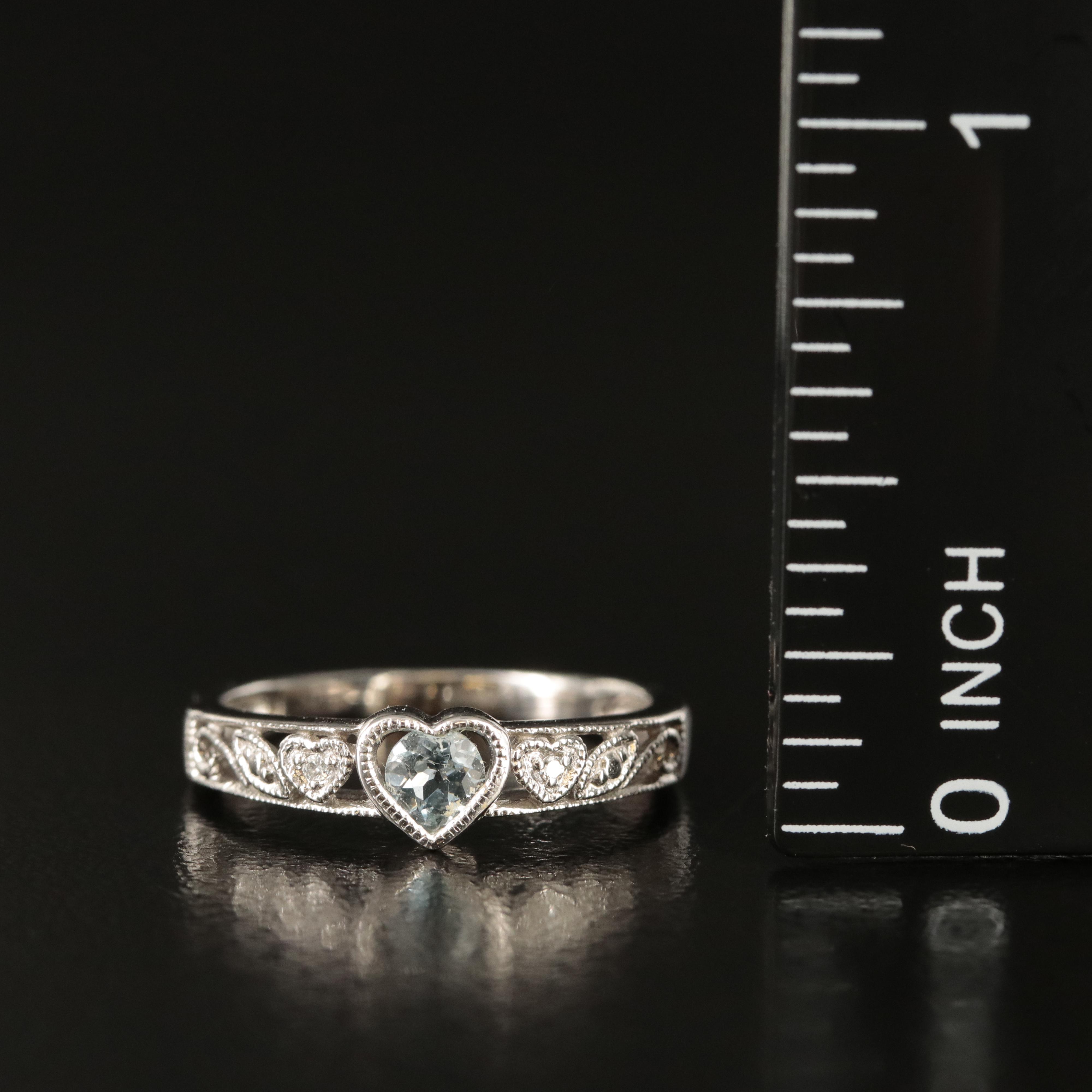 10K Aquamarine and Diamond Heart Ring