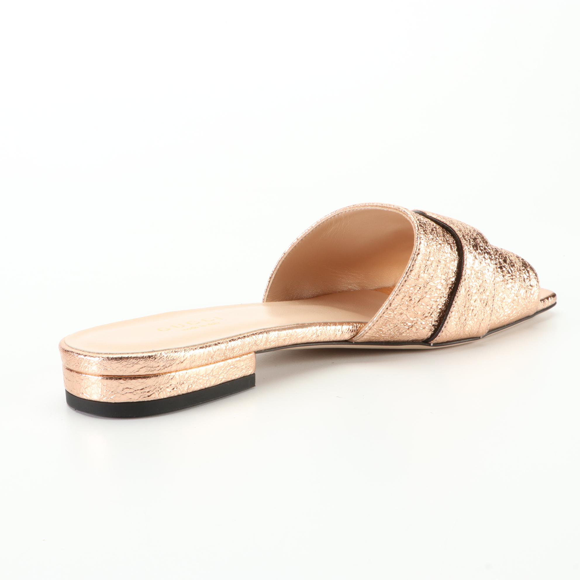 Gucci Marmont Slide Sandals in Metallic Leather with Box