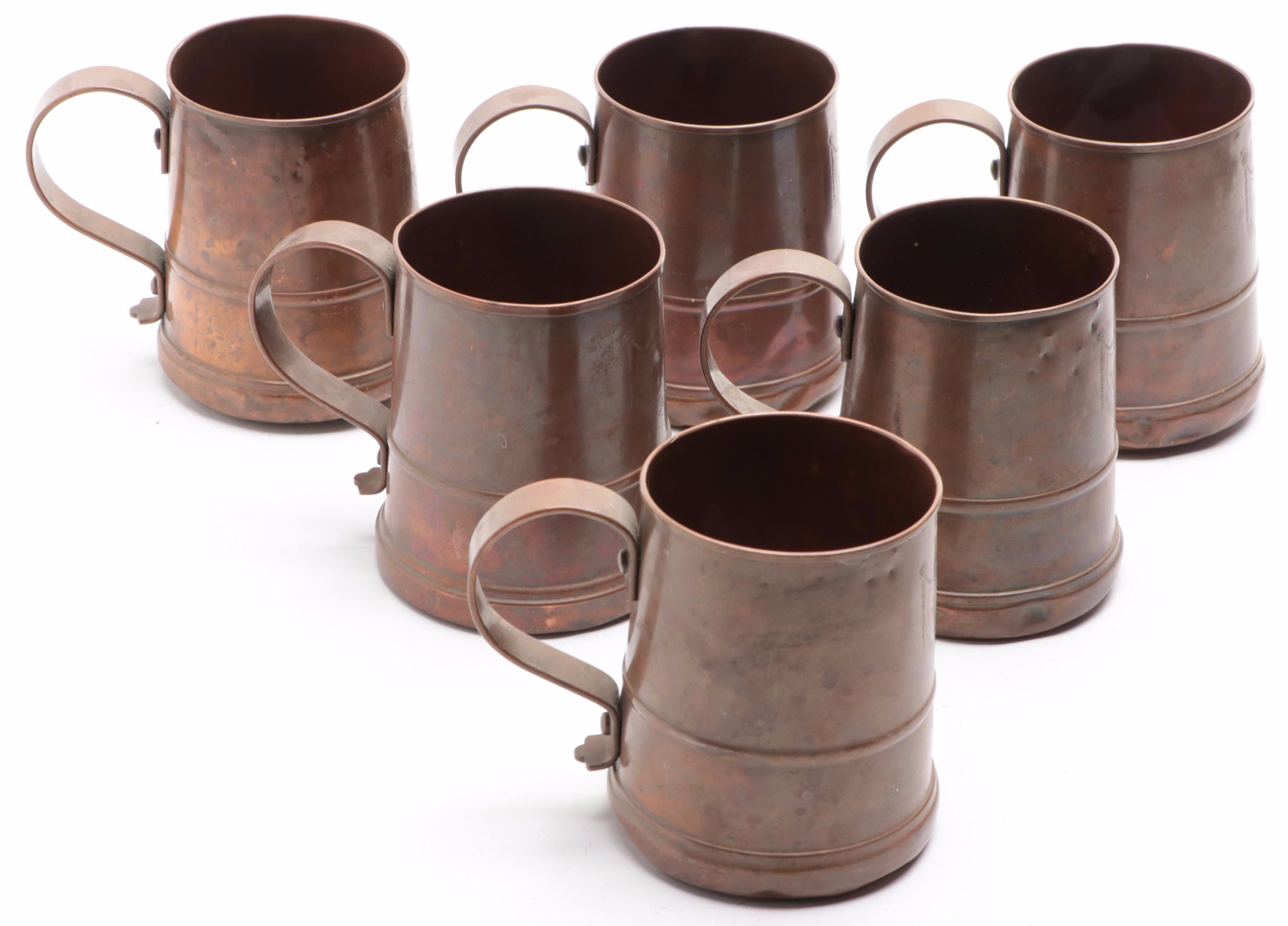 Copper Bound Staved Oak Pitcher with Aluminum Goods Mfg. Co. Copper Mugs