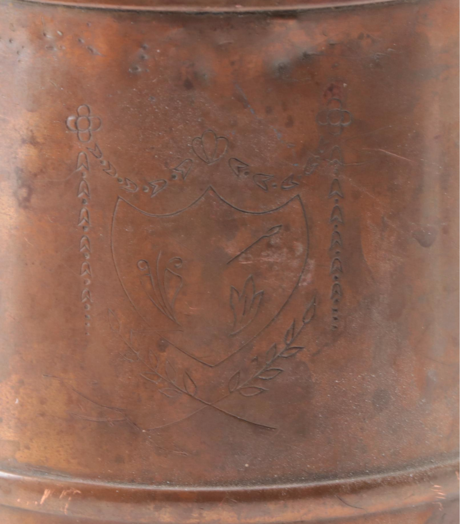 Copper Bound Staved Oak Pitcher with Aluminum Goods Mfg. Co. Copper Mugs