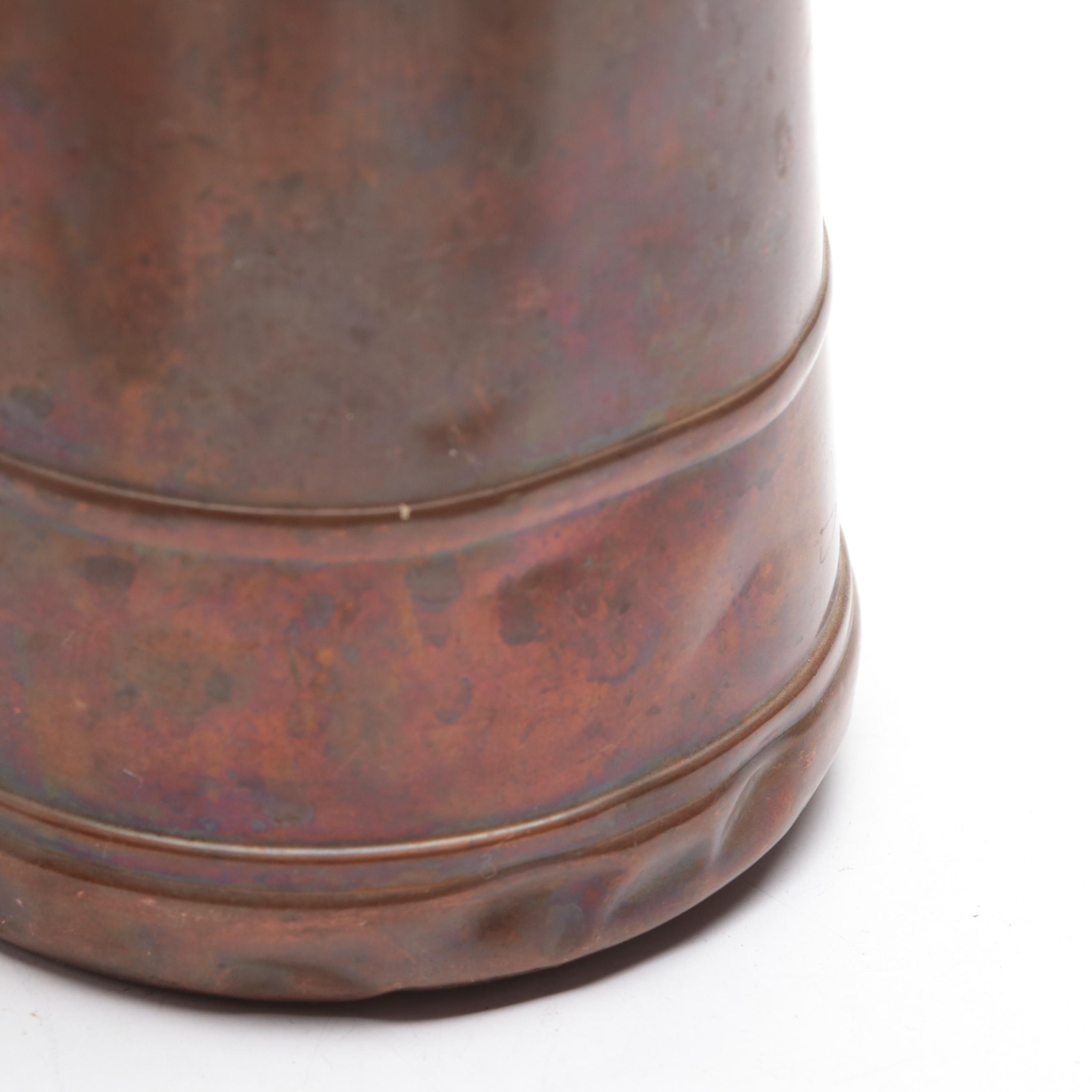 Copper Bound Staved Oak Pitcher with Aluminum Goods Mfg. Co. Copper Mugs