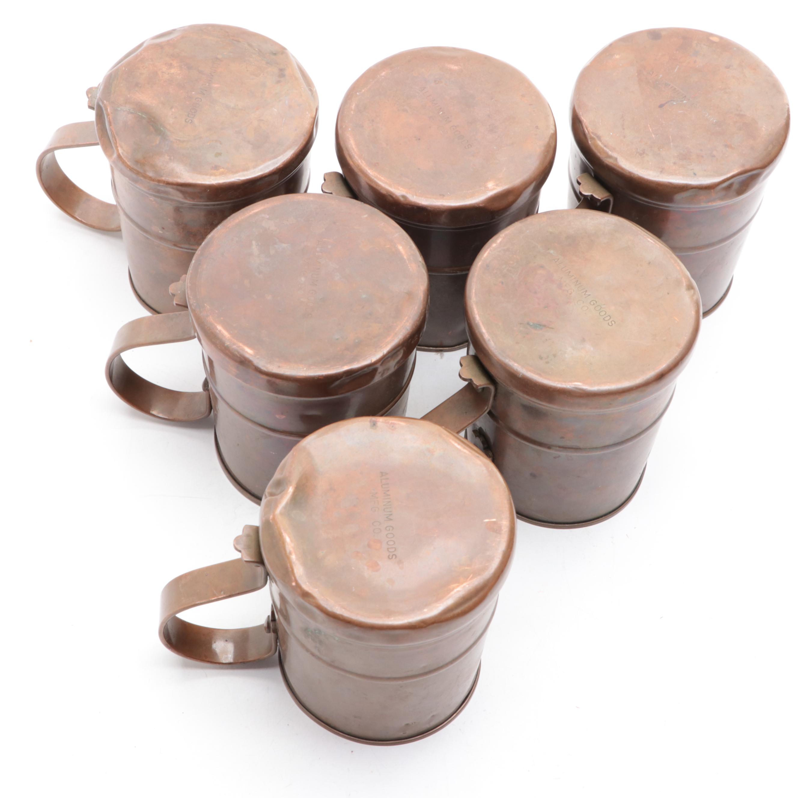 Copper Bound Staved Oak Pitcher with Aluminum Goods Mfg. Co. Copper Mugs