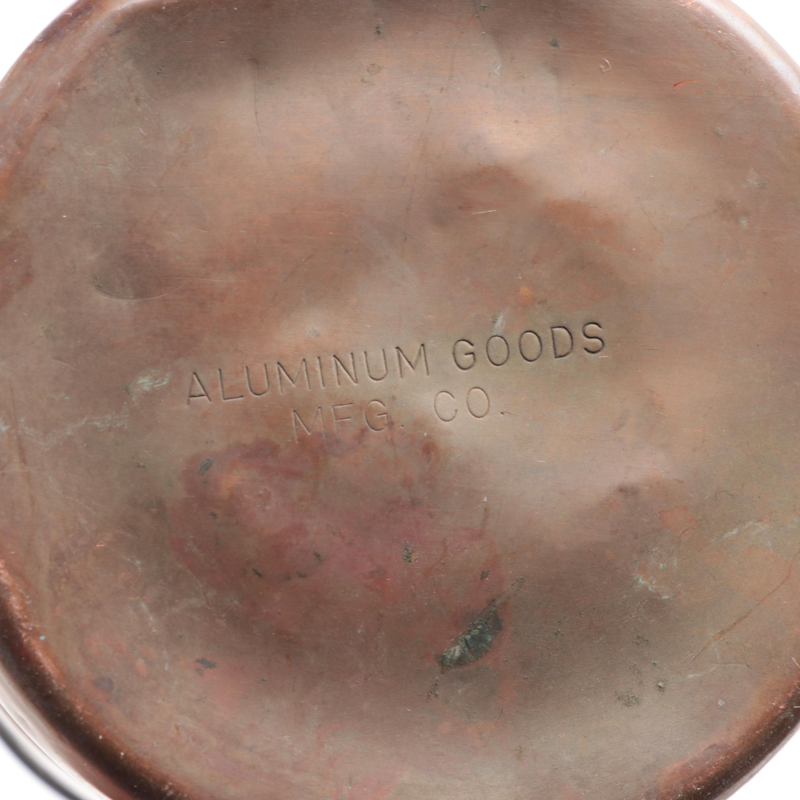 Copper Bound Staved Oak Pitcher with Aluminum Goods Mfg. Co. Copper Mugs