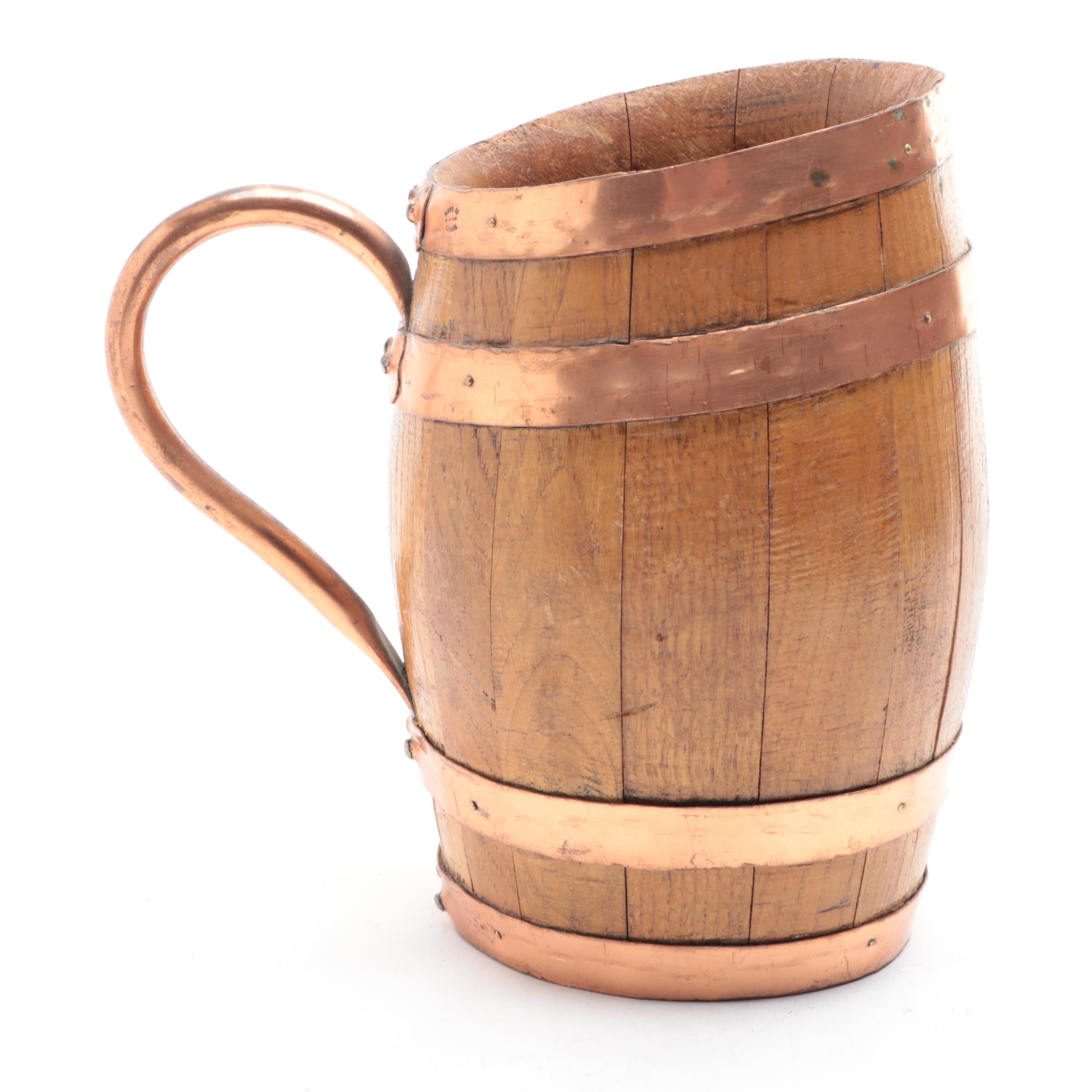 Copper Bound Staved Oak Pitcher with Aluminum Goods Mfg. Co. Copper Mugs