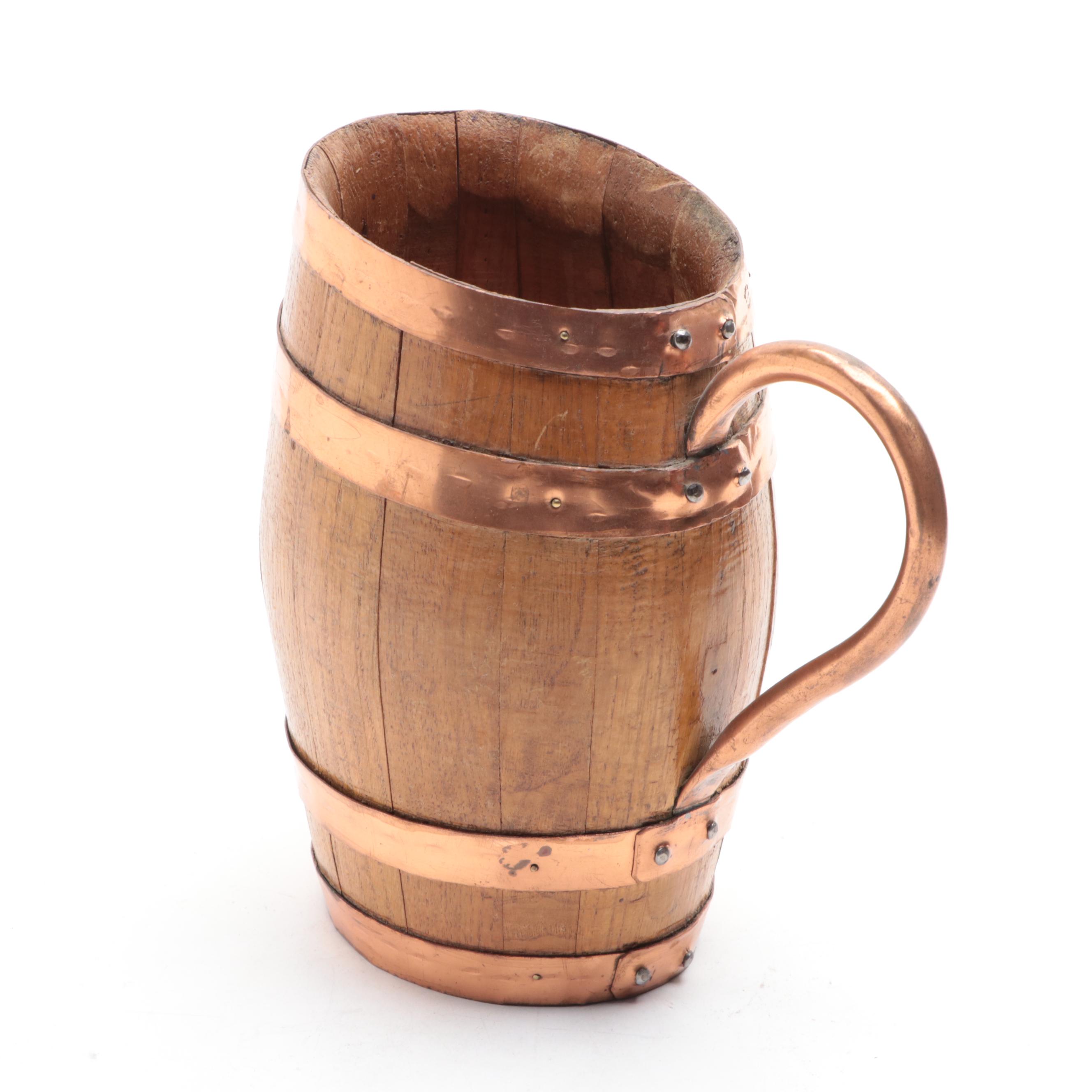 Copper Bound Staved Oak Pitcher with Aluminum Goods Mfg. Co. Copper Mugs