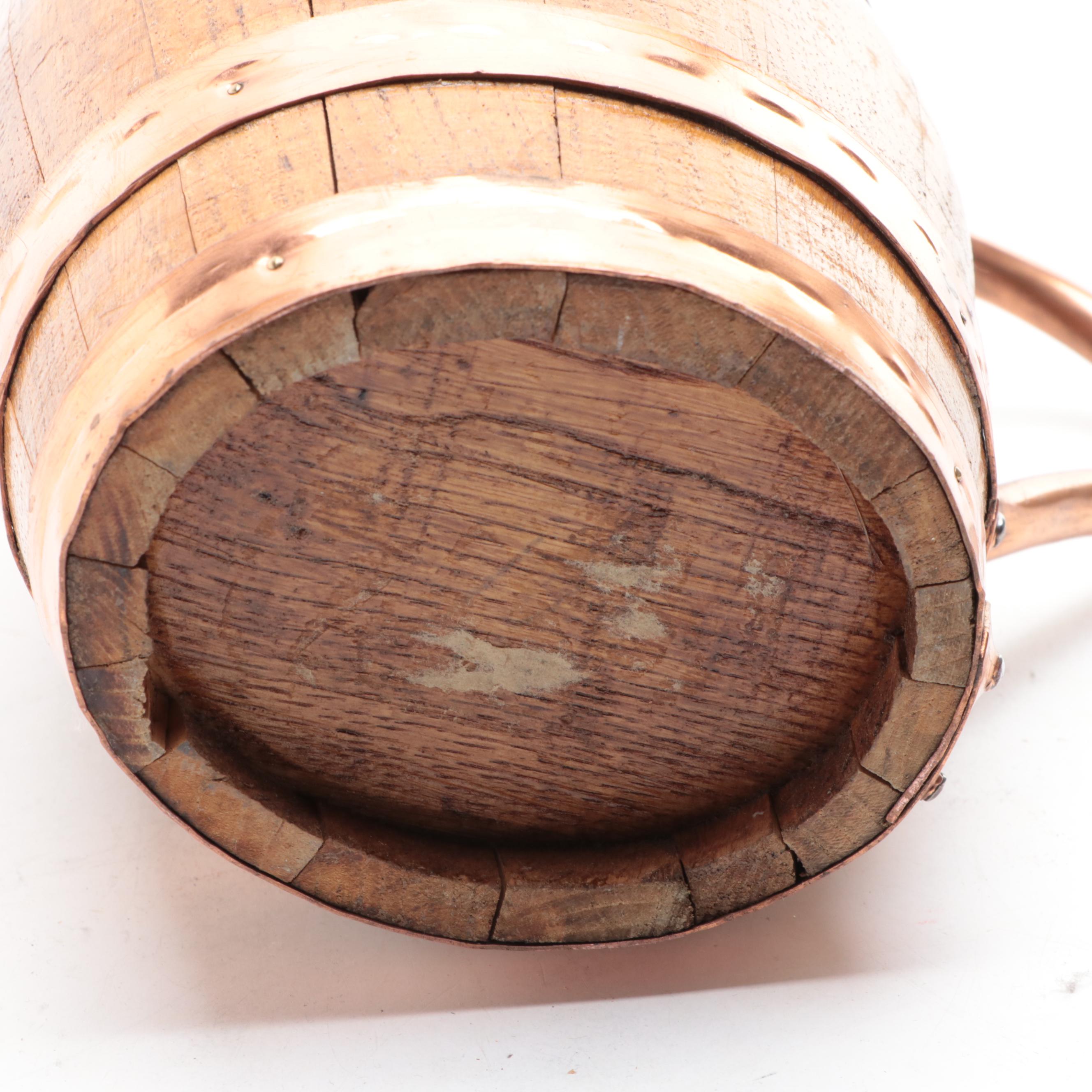 Copper Bound Staved Oak Pitcher with Aluminum Goods Mfg. Co. Copper Mugs