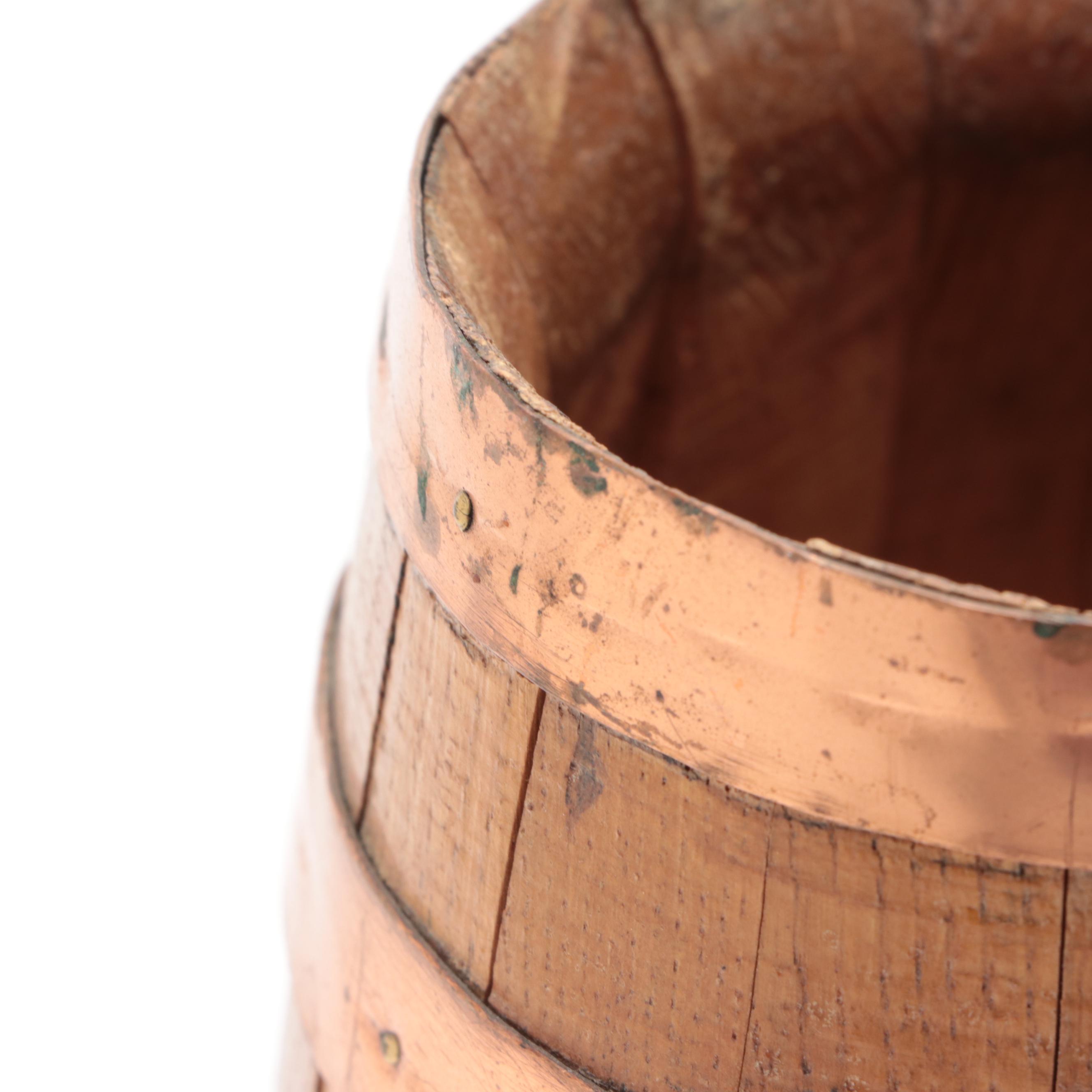 Copper Bound Staved Oak Pitcher with Aluminum Goods Mfg. Co. Copper Mugs