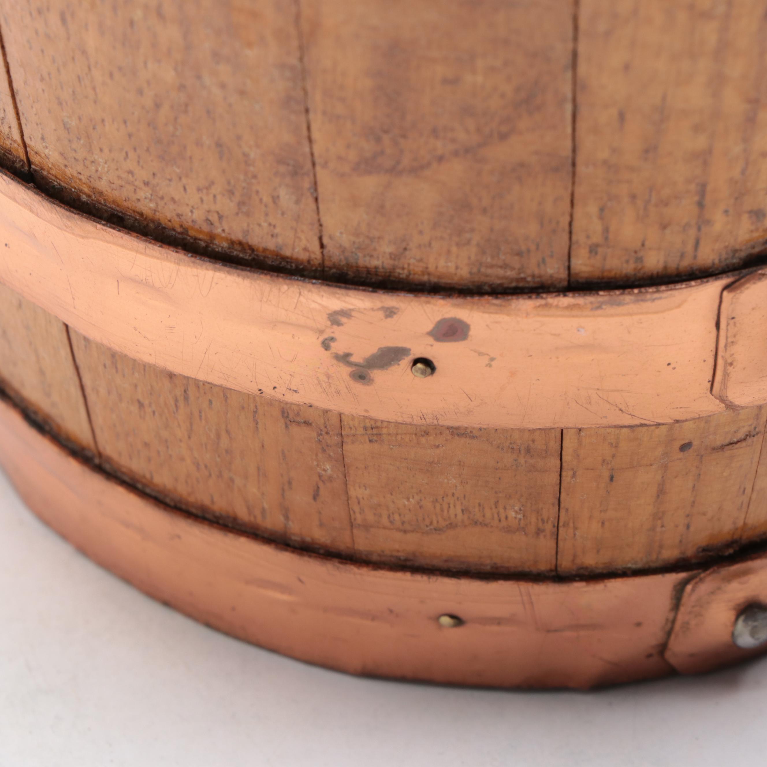 Copper Bound Staved Oak Pitcher with Aluminum Goods Mfg. Co. Copper Mugs