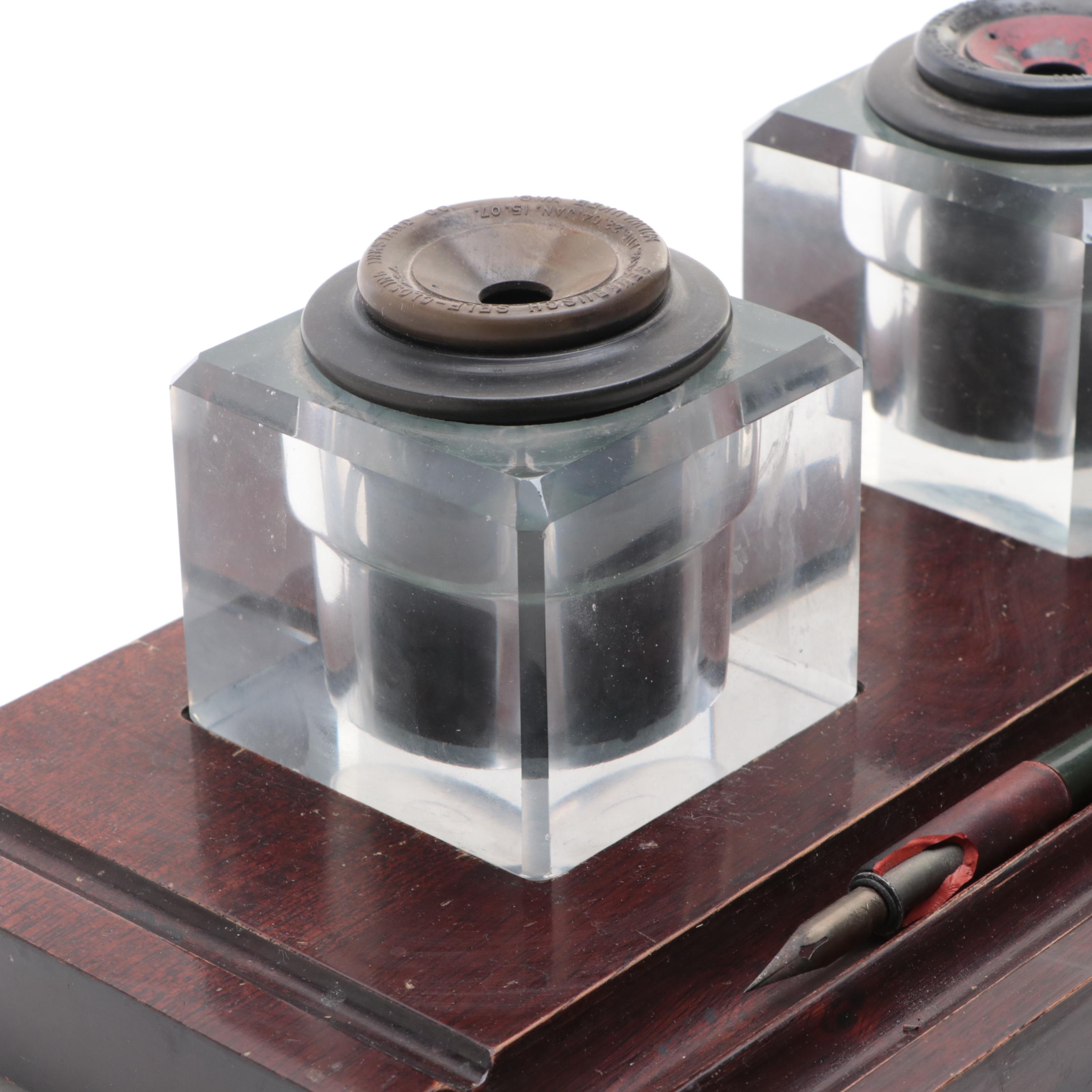 Sengbusch Self-Closing Inkwells with Mahogany Stand and Faber Dip Pen