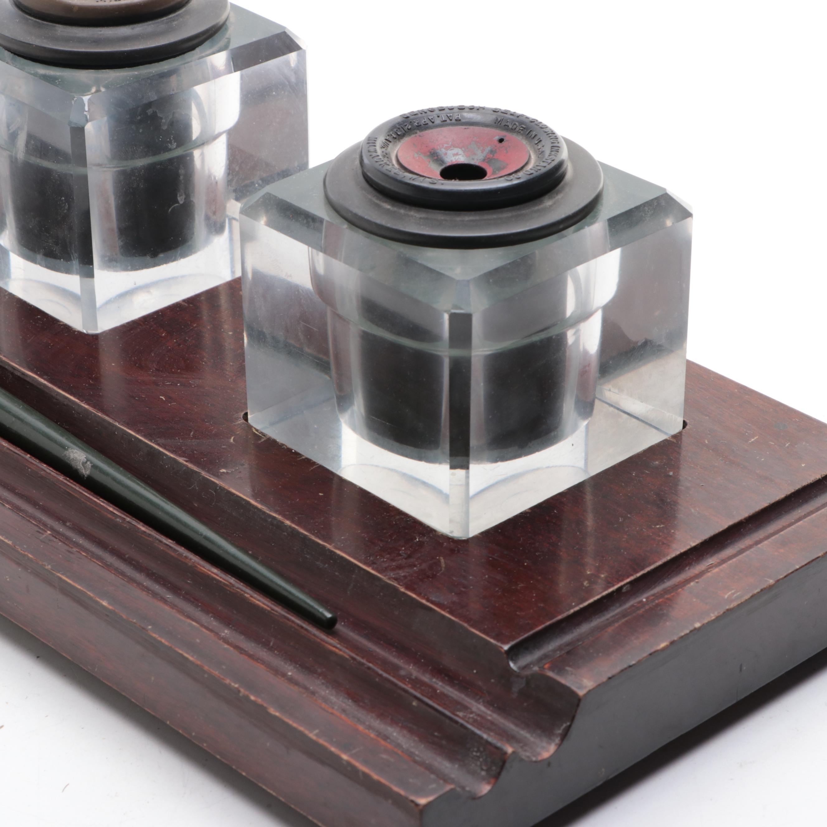 Sengbusch Self-Closing Inkwells with Mahogany Stand and Faber Dip Pen