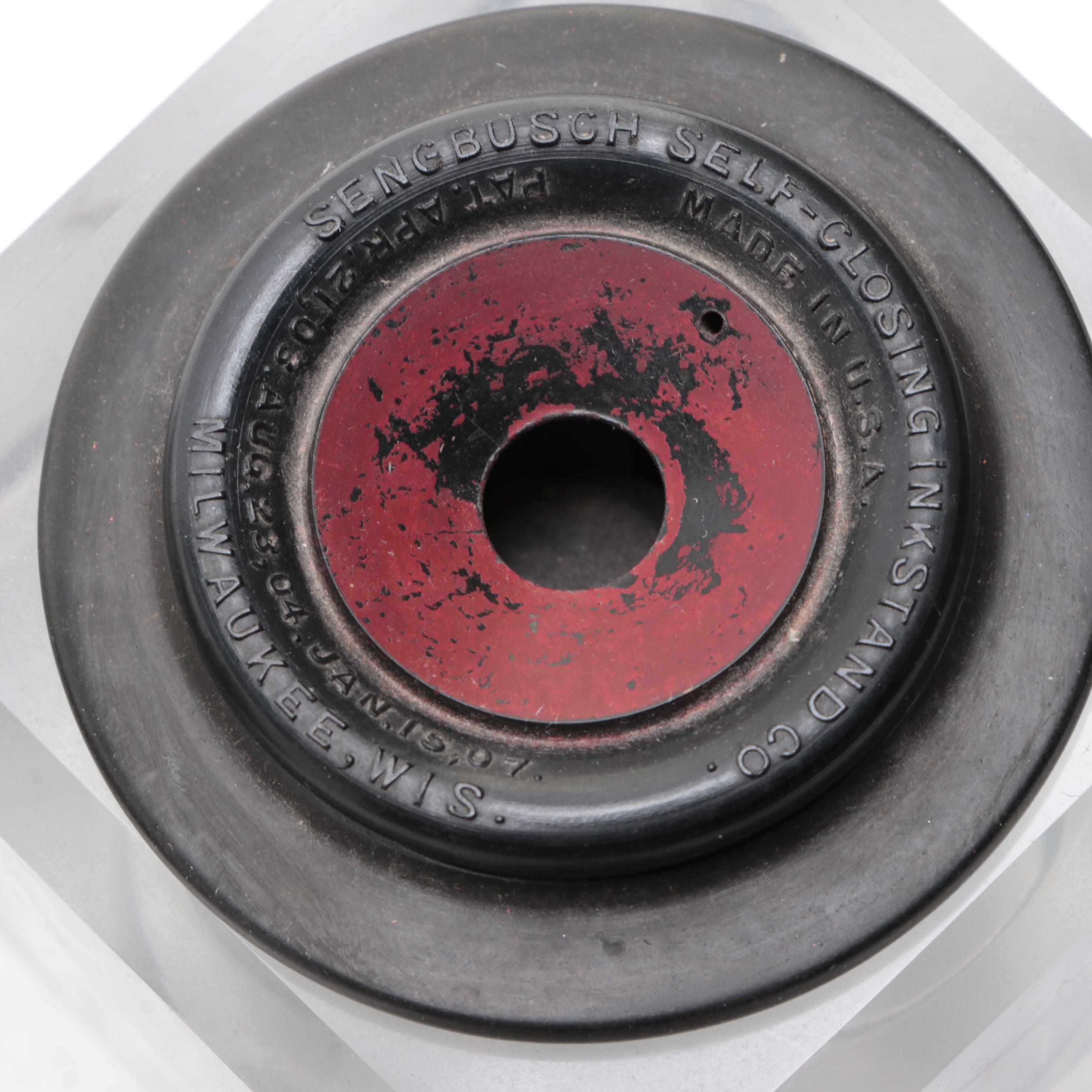 Sengbusch Self-Closing Inkwells with Mahogany Stand and Faber Dip Pen