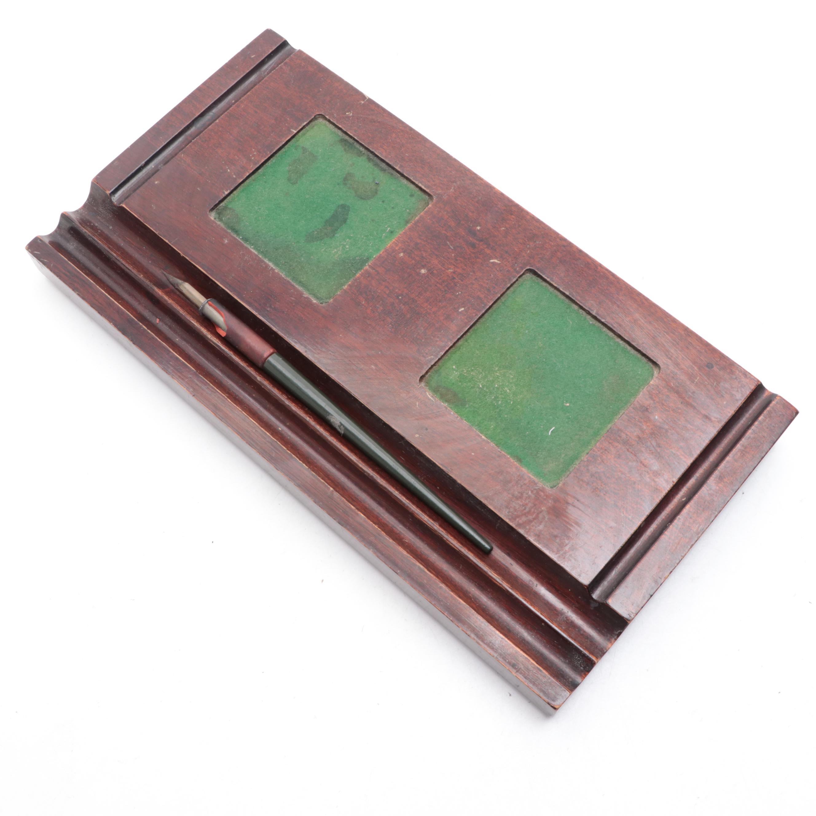 Sengbusch Self-Closing Inkwells with Mahogany Stand and Faber Dip Pen