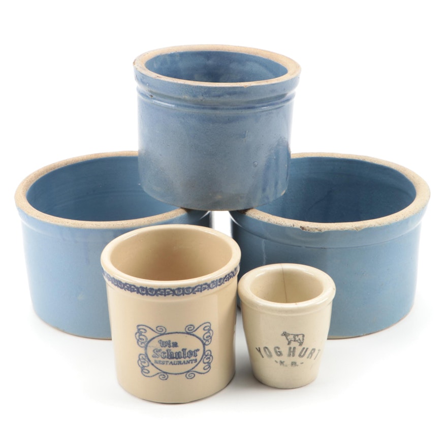 Anfora Yoghurt with Blue Glazed and Other Stoneware Crocks, 20th Century