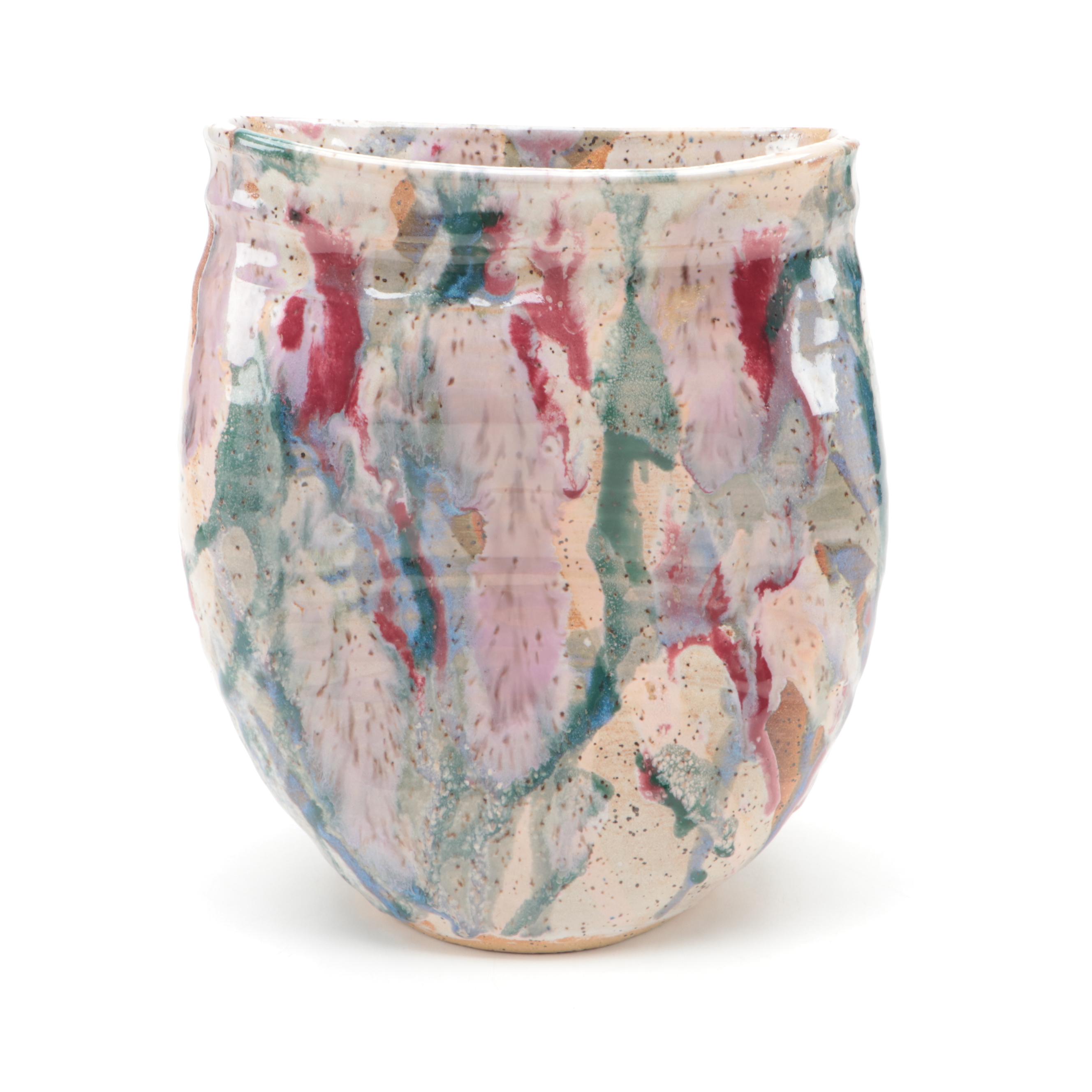 Signed Earthenware Vase with Hand Glazed Swan Figurines