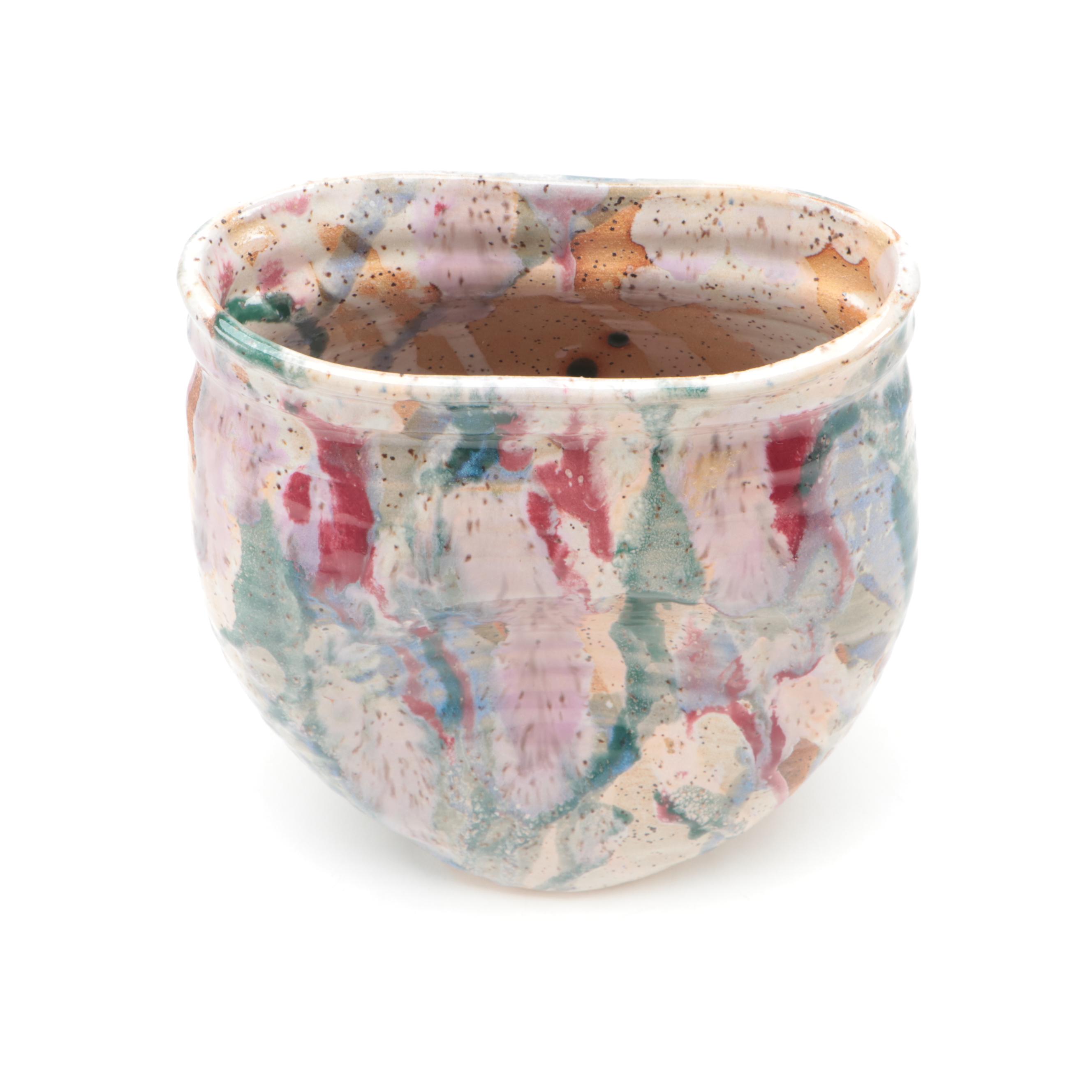 Signed Earthenware Vase with Hand Glazed Swan Figurines