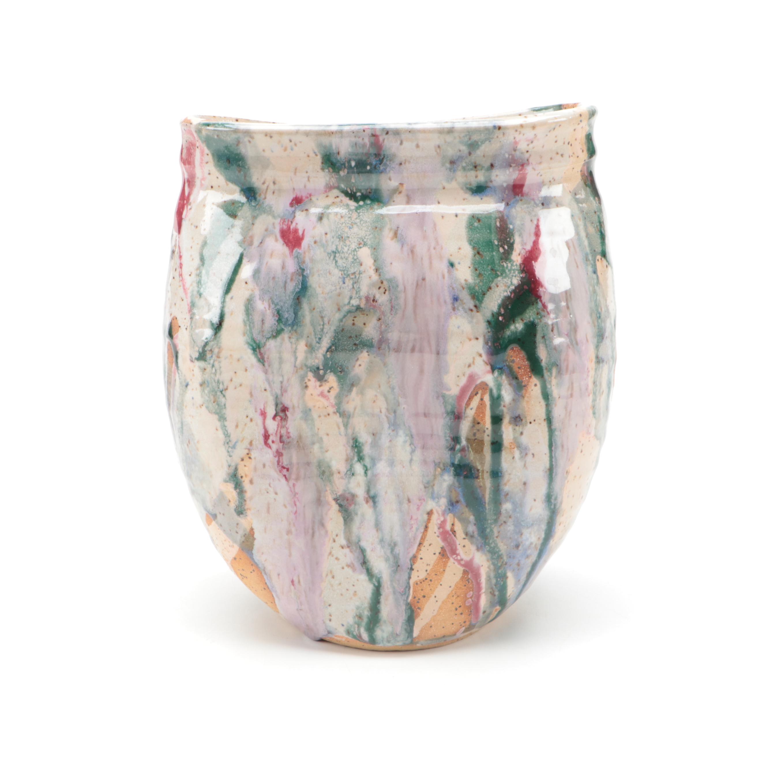 Signed Earthenware Vase with Hand Glazed Swan Figurines