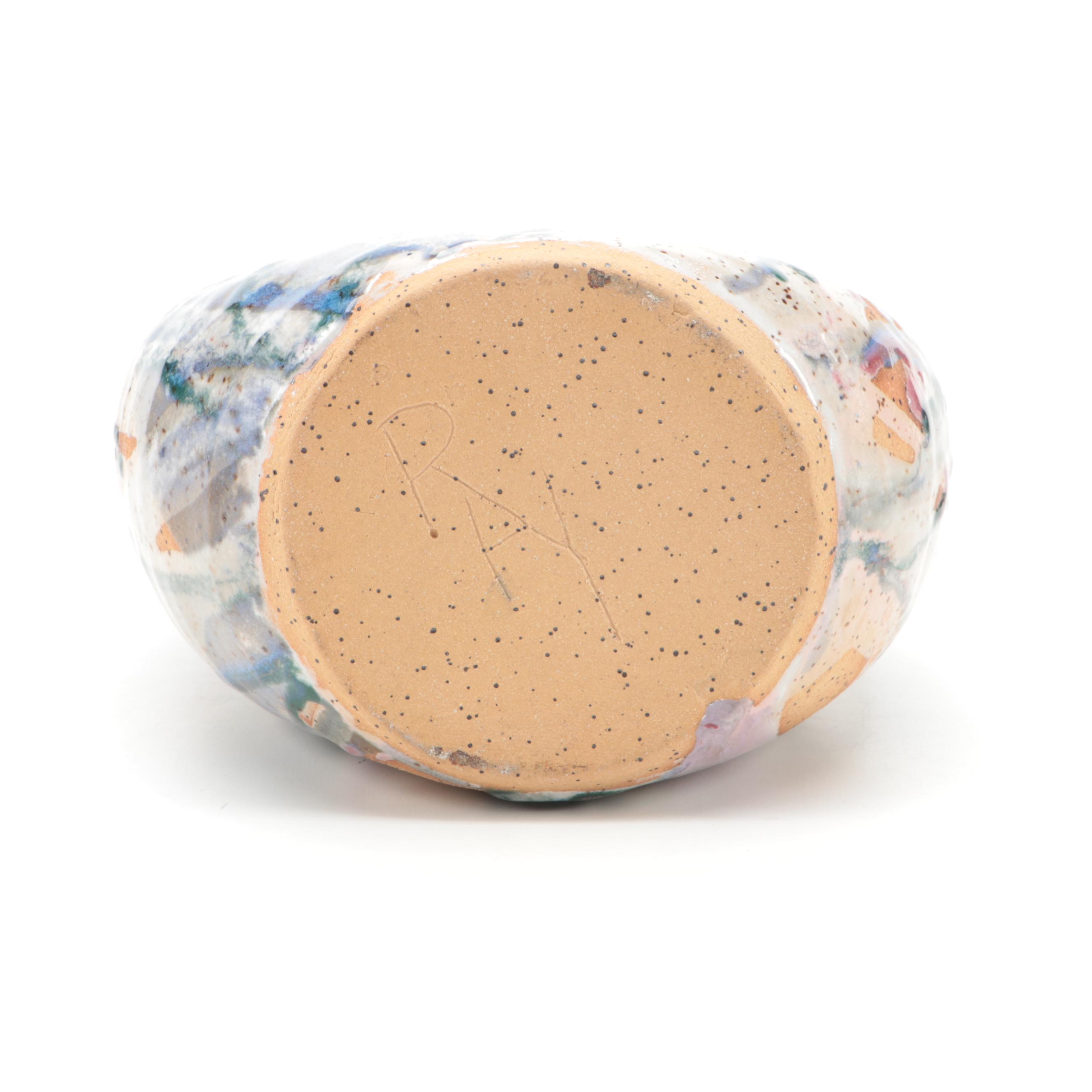 Signed Earthenware Vase with Hand Glazed Swan Figurines