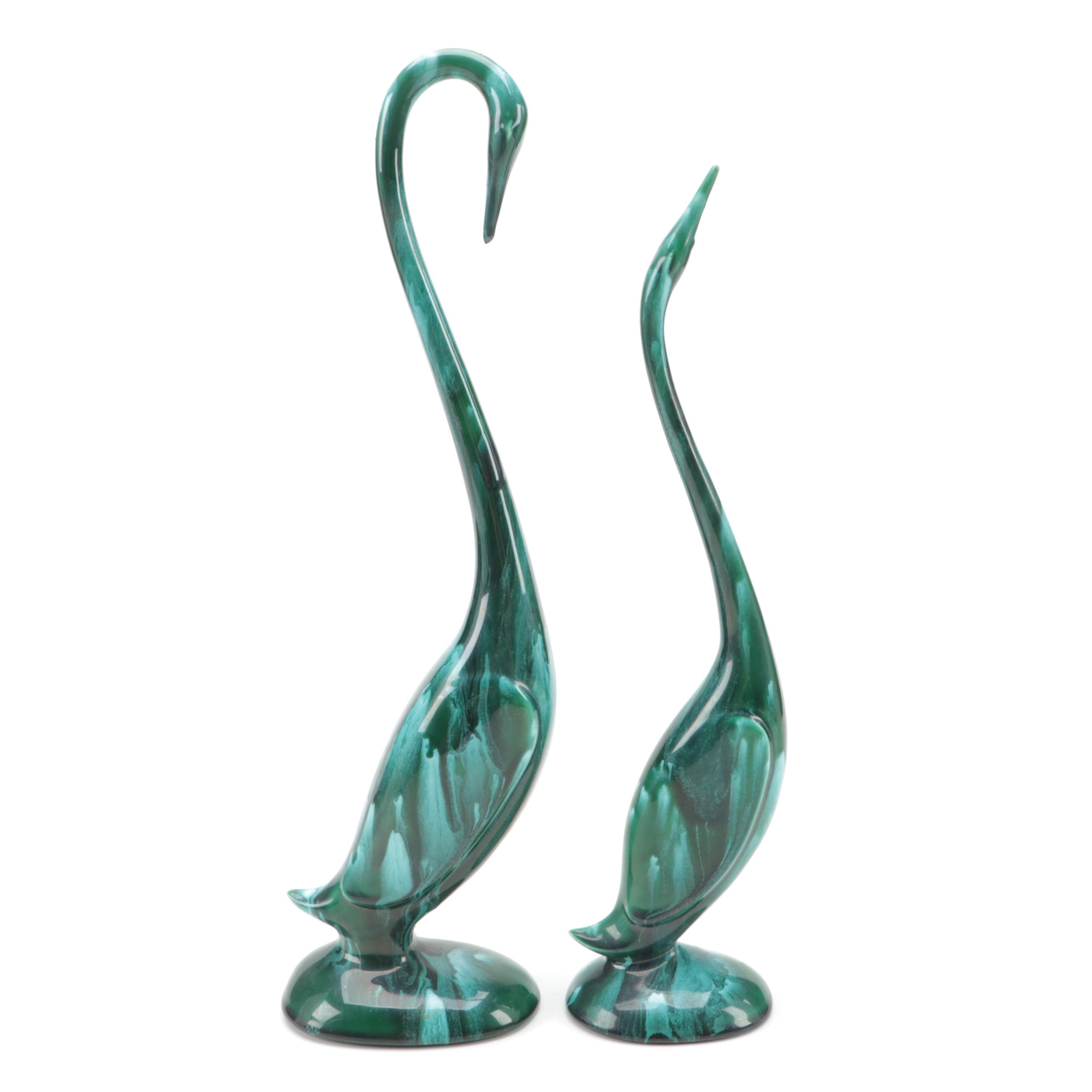 Signed Earthenware Vase with Hand Glazed Swan Figurines