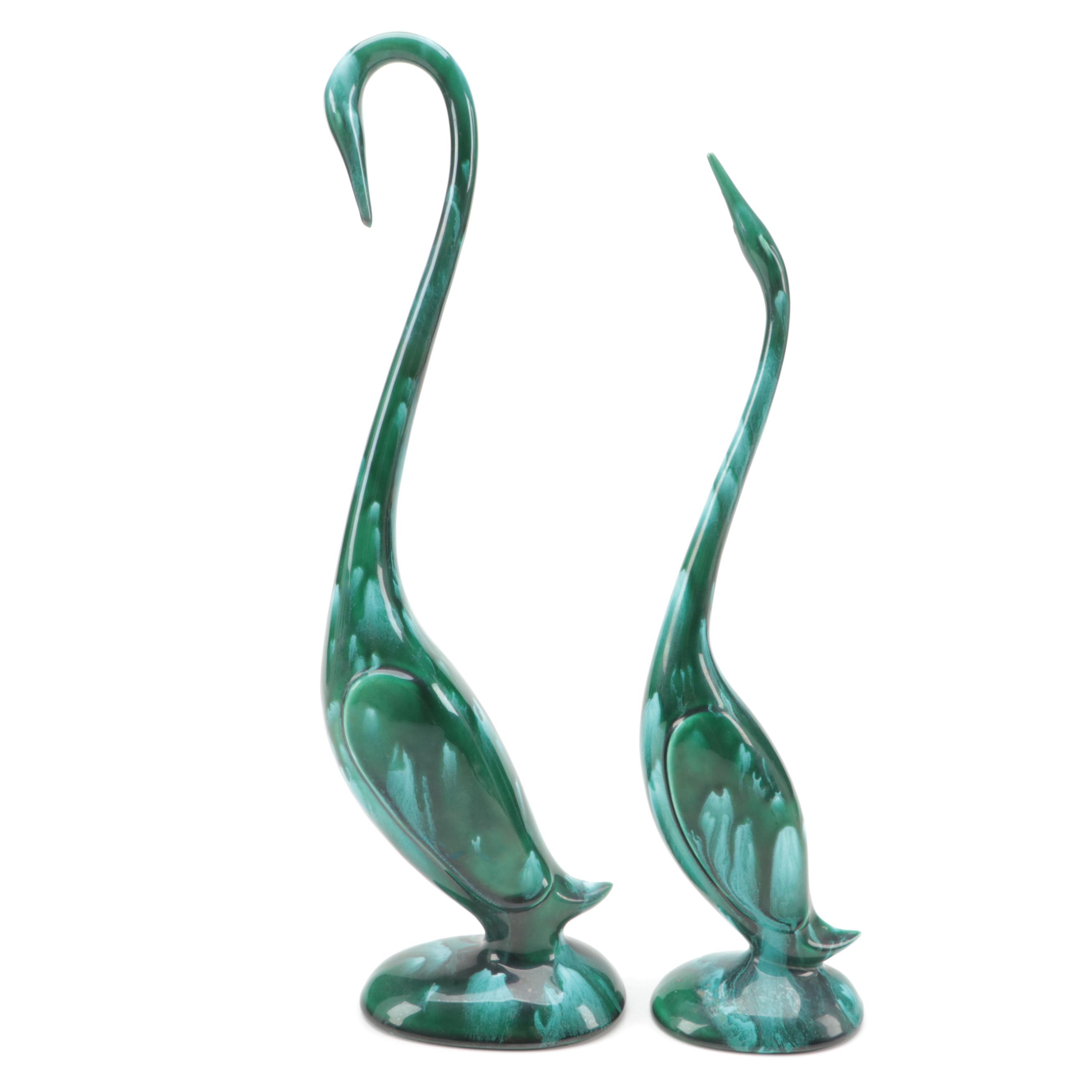 Signed Earthenware Vase with Hand Glazed Swan Figurines