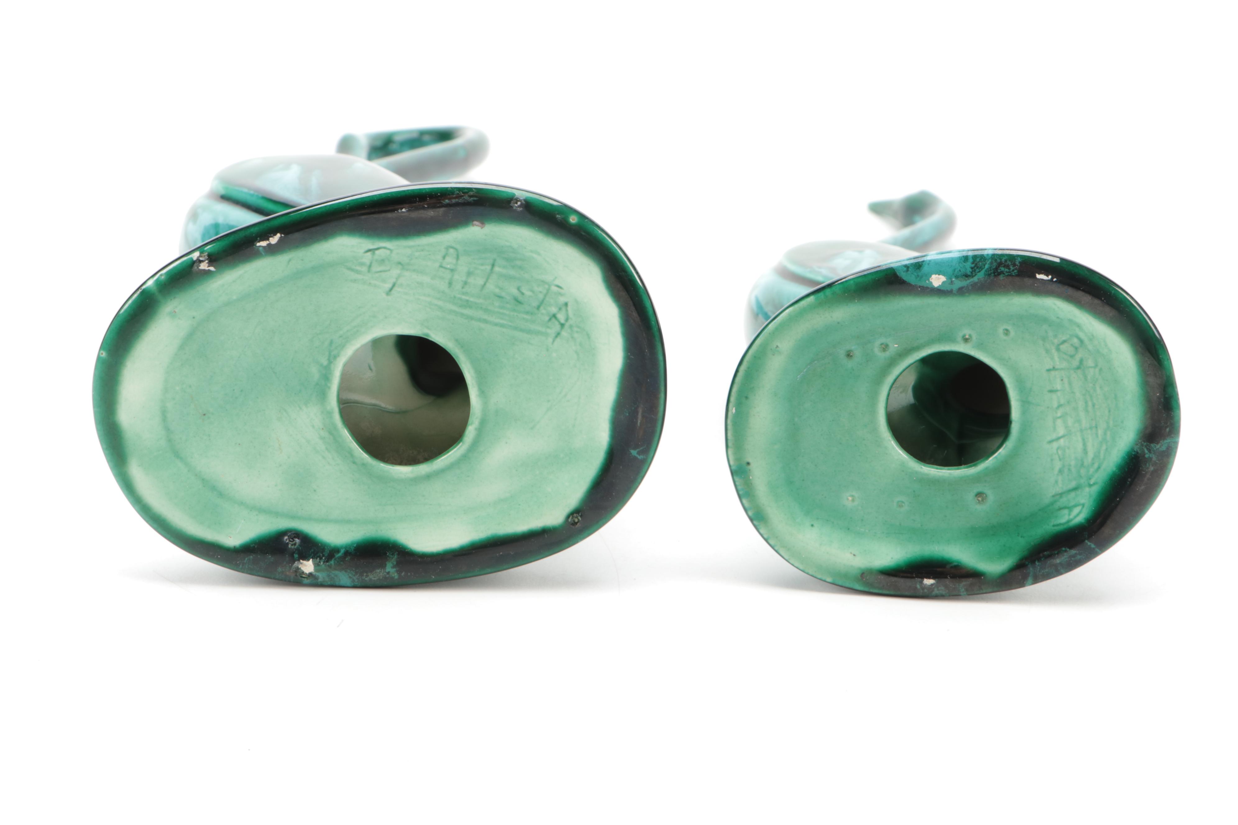 Signed Earthenware Vase with Hand Glazed Swan Figurines