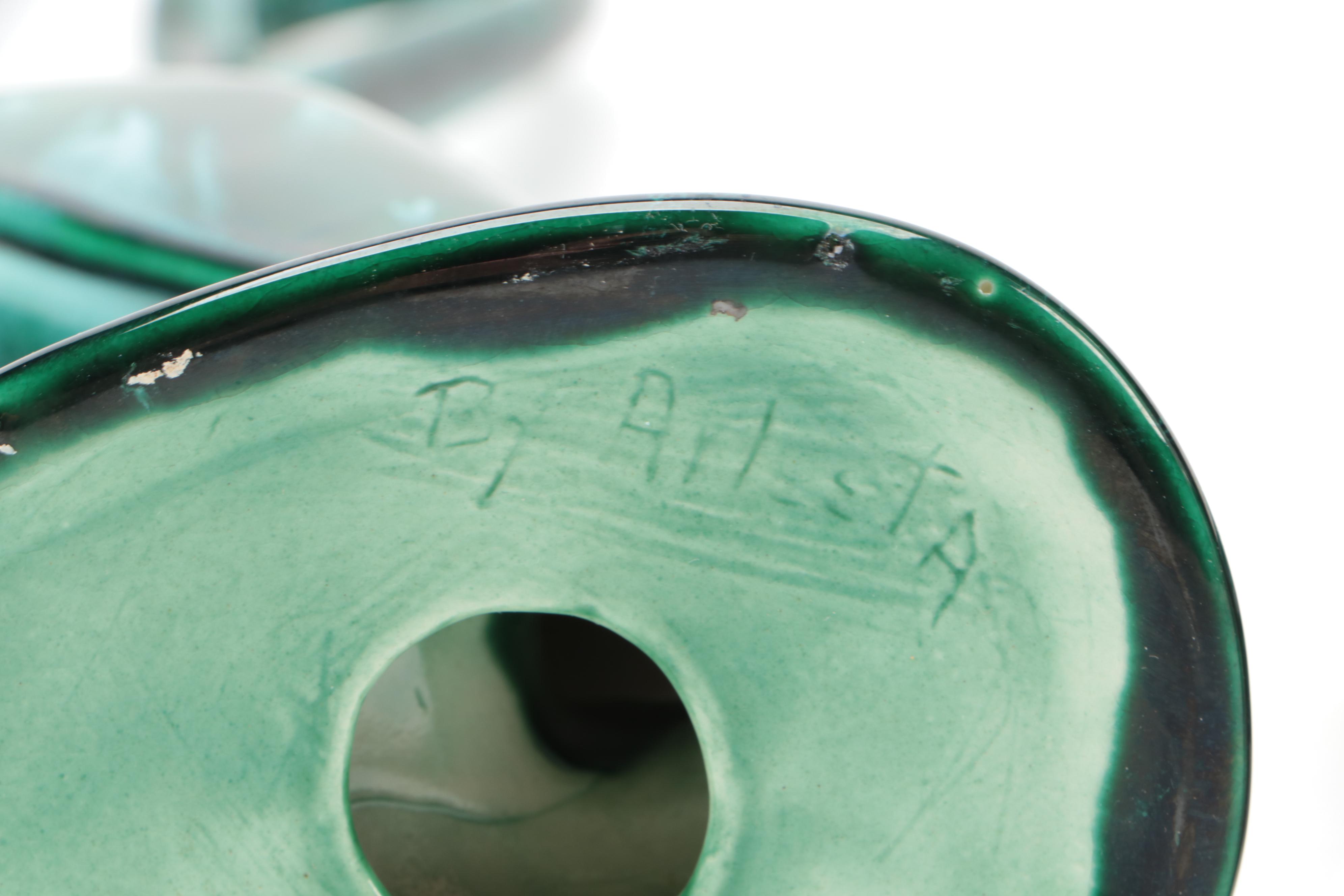 Signed Earthenware Vase with Hand Glazed Swan Figurines