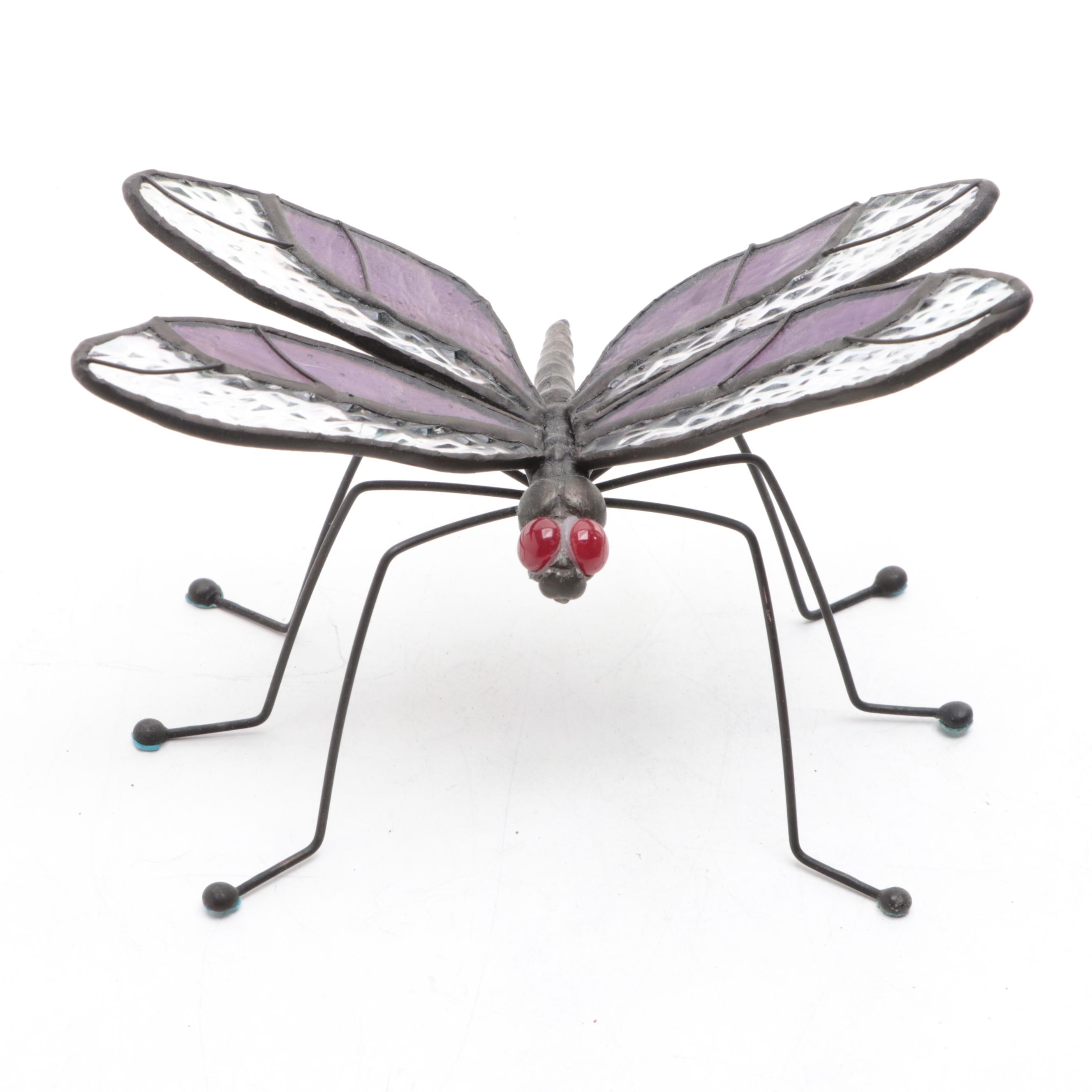 Patinated Cast Metal Devil Sculpture with Stained Glass and Wire Dragonfly