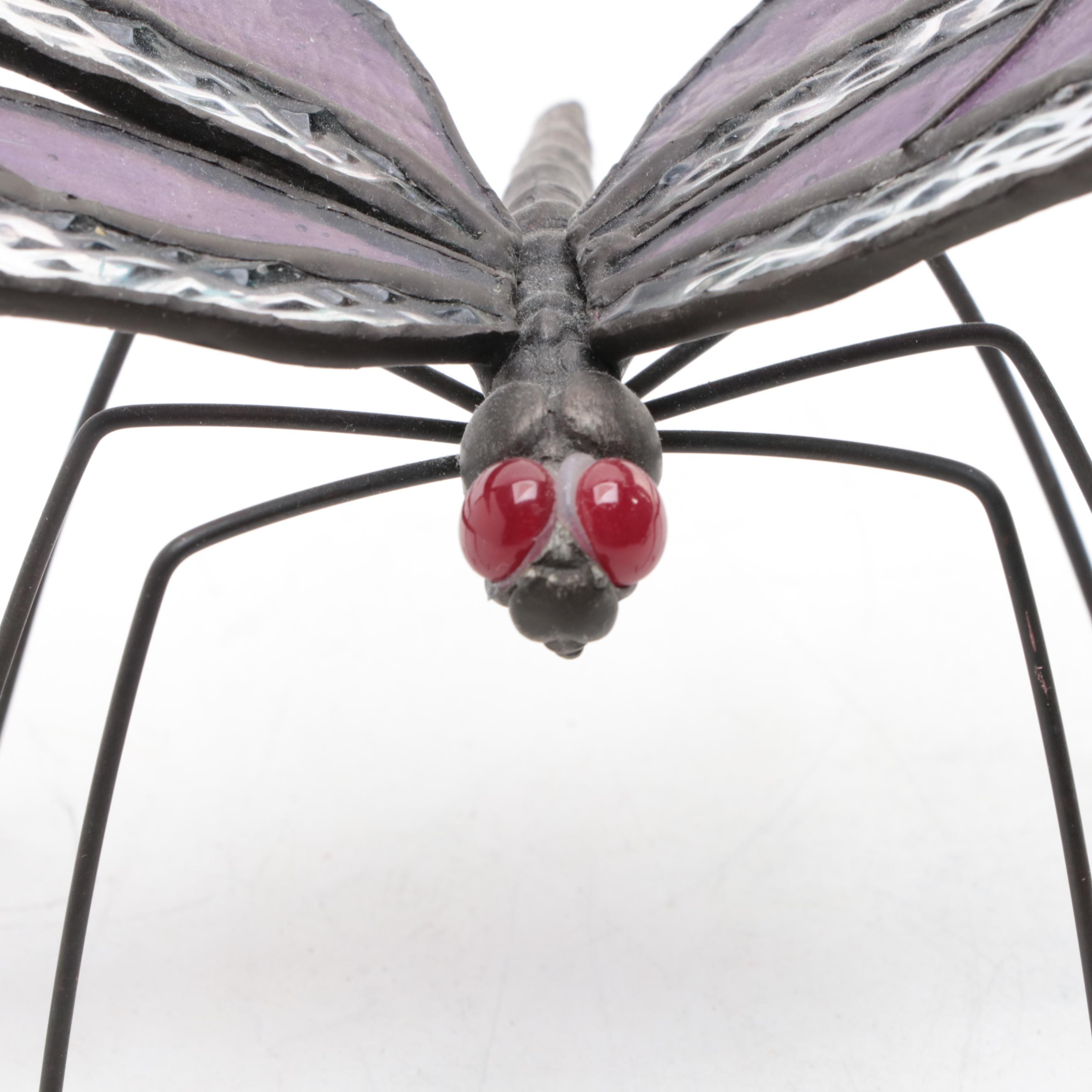 Patinated Cast Metal Devil Sculpture with Stained Glass and Wire Dragonfly