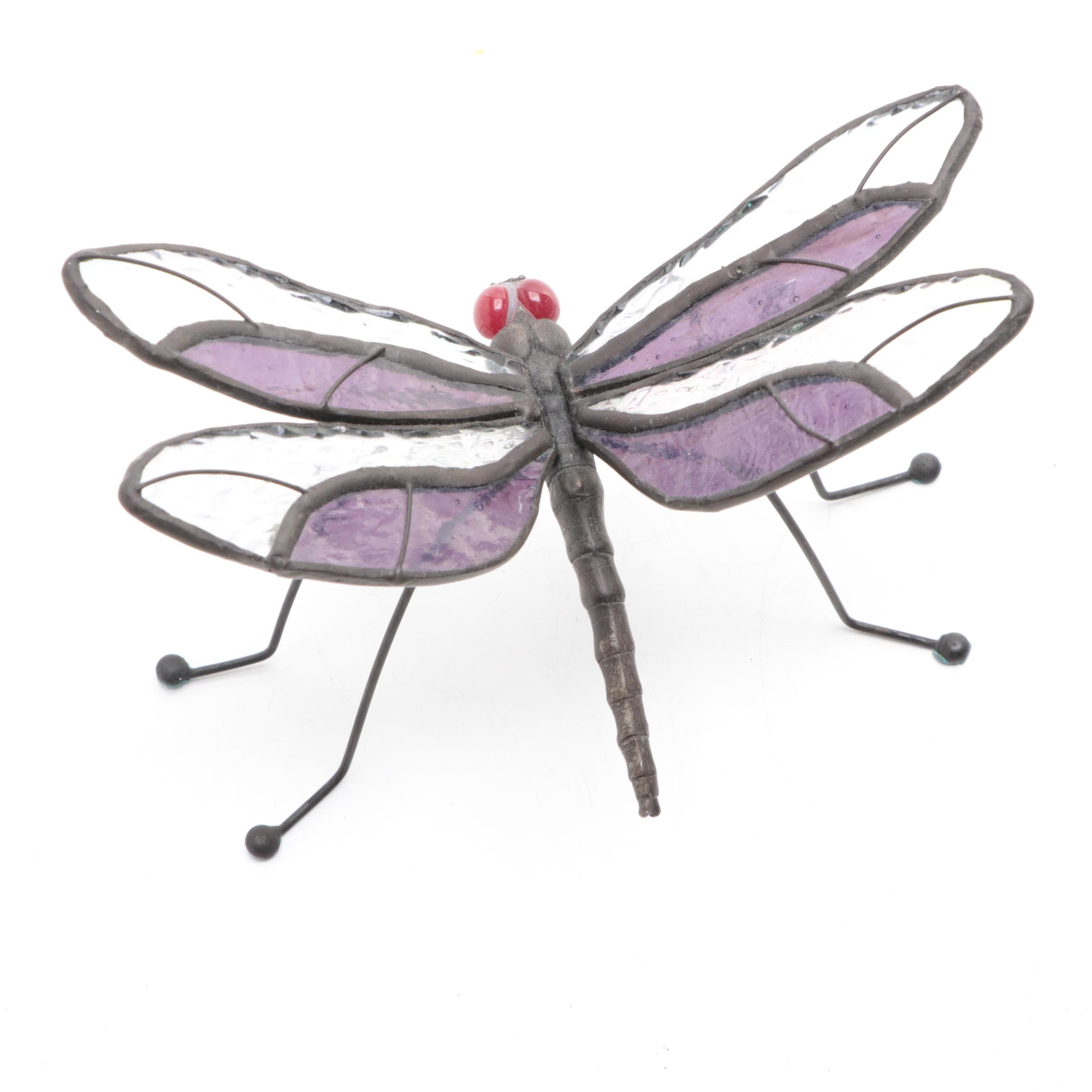 Patinated Cast Metal Devil Sculpture with Stained Glass and Wire Dragonfly