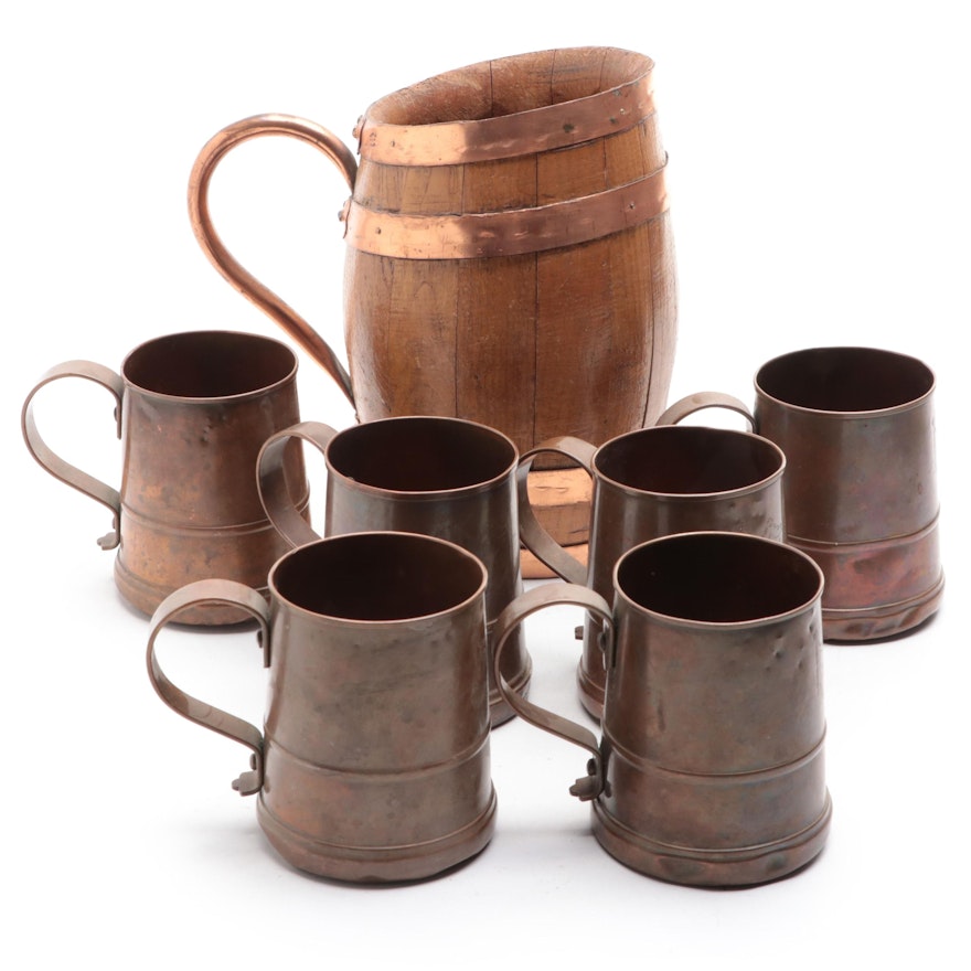 Copper Bound Staved Oak Pitcher with Aluminum Goods Mfg. Co. Copper Mugs