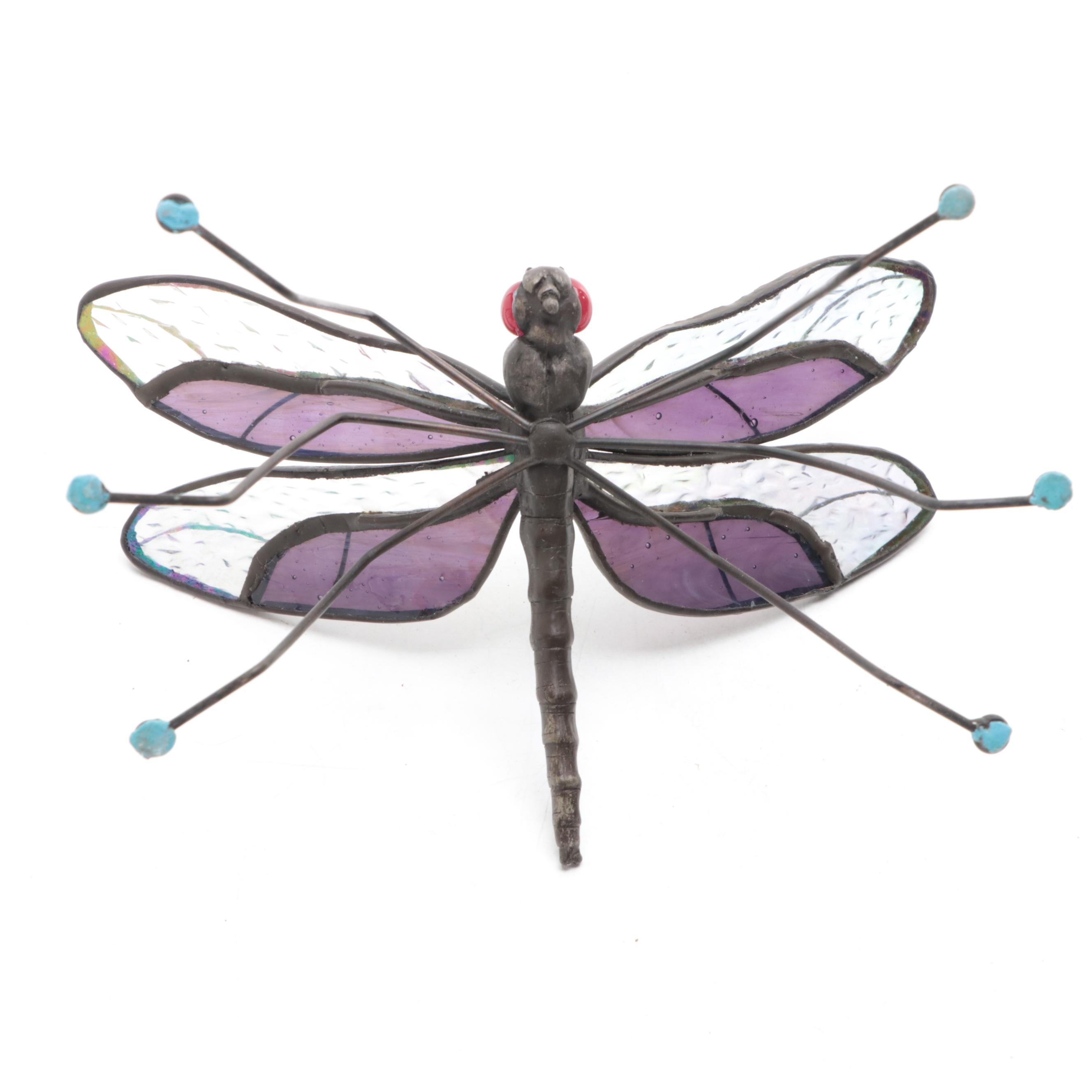 Patinated Cast Metal Devil Sculpture with Stained Glass and Wire Dragonfly