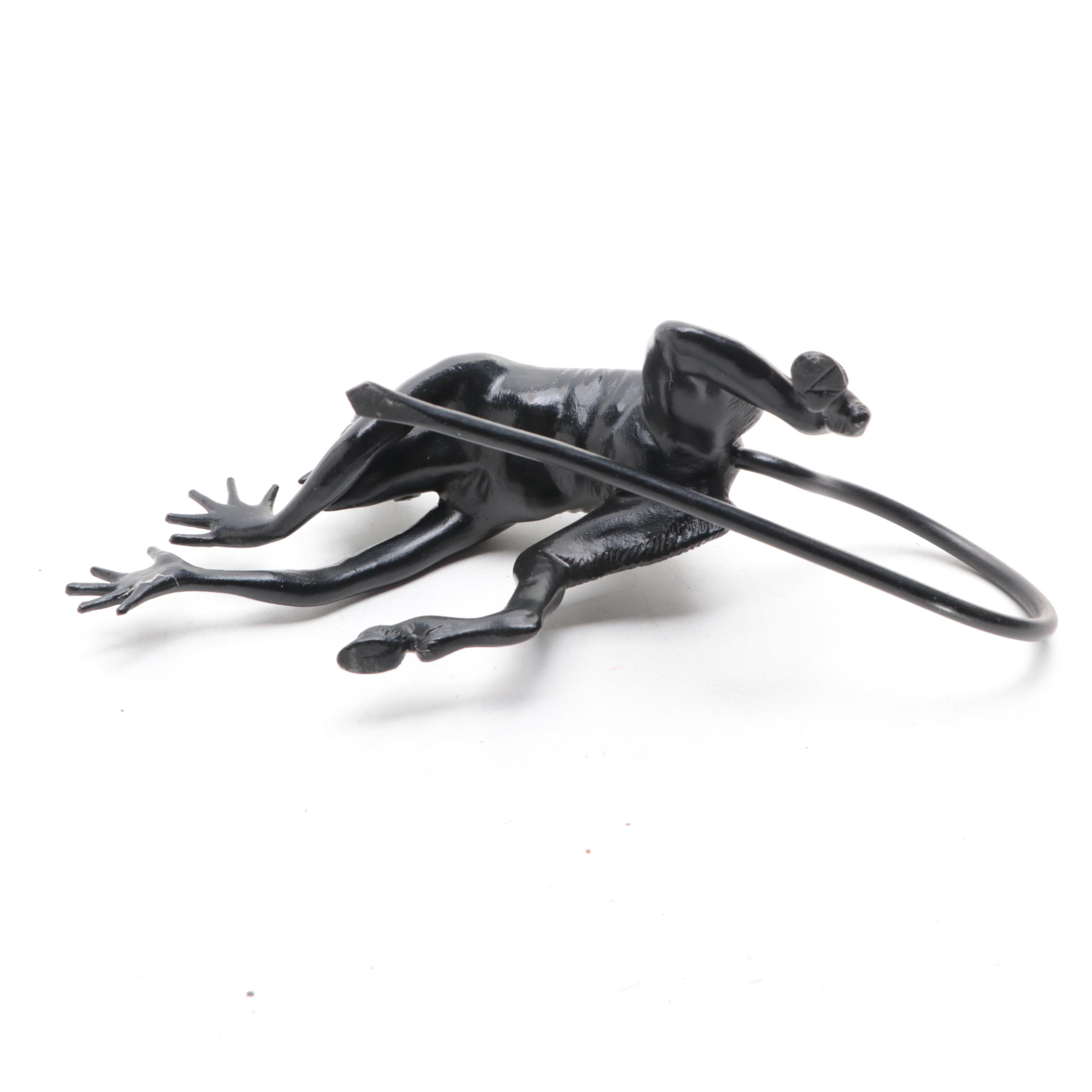 Patinated Cast Metal Devil Sculpture with Stained Glass and Wire Dragonfly