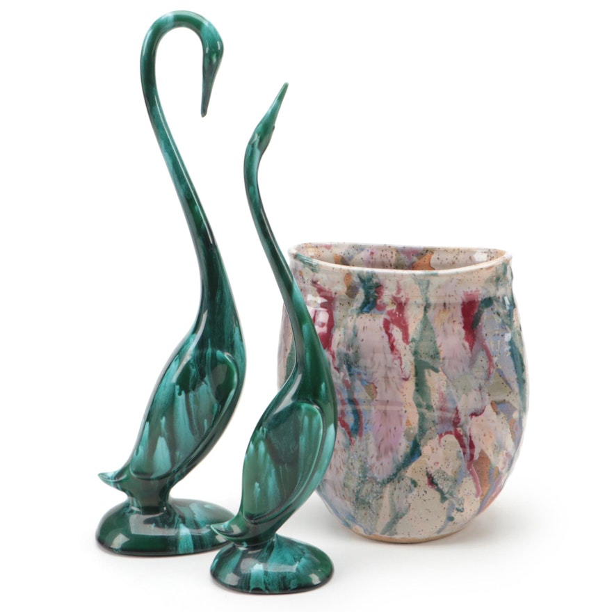 Signed Earthenware Vase with Hand Glazed Swan Figurines