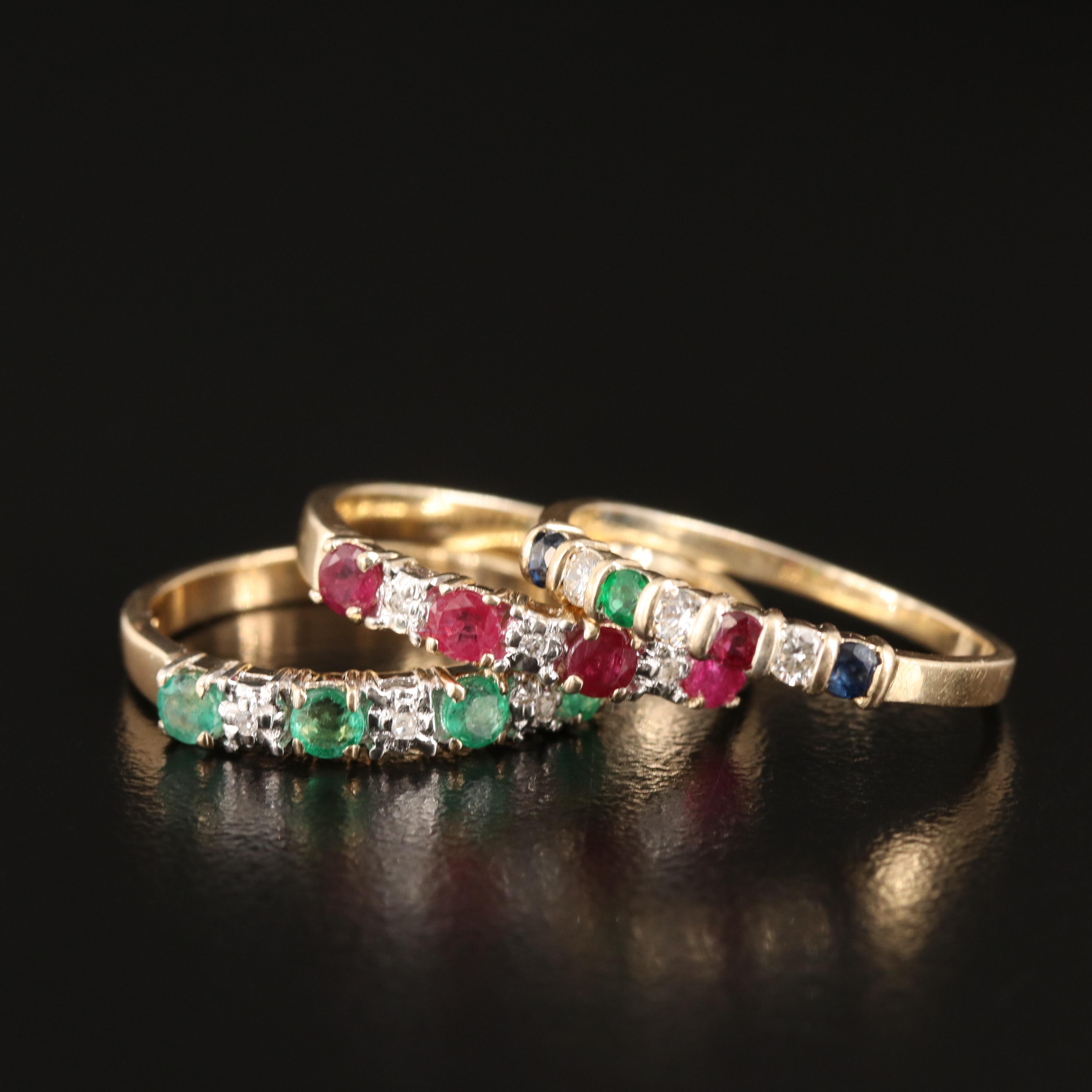 10K and 14K Ruby, Sapphire, Emerald and Diamond Stacking Rings
