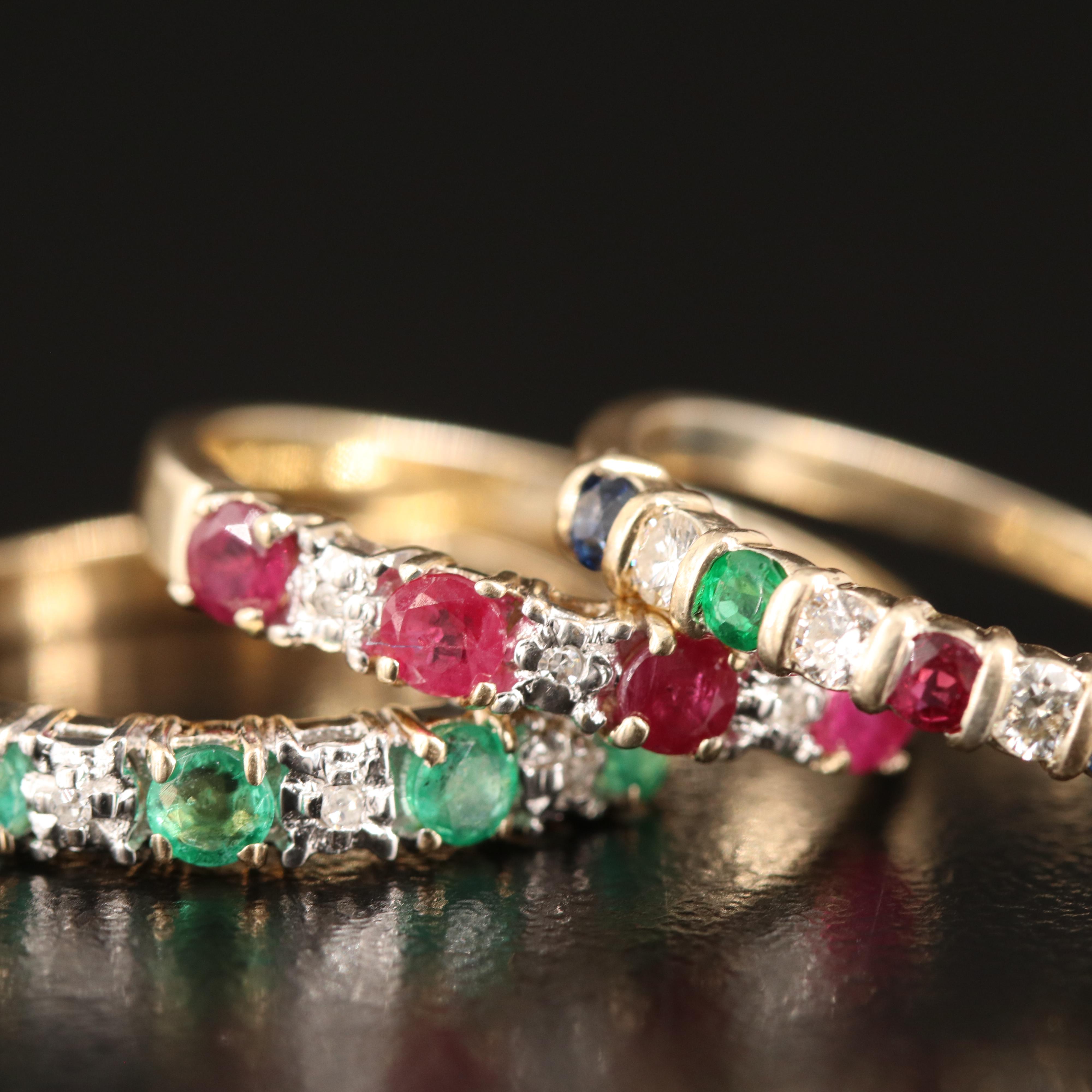 10K and 14K Ruby, Sapphire, Emerald and Diamond Stacking Rings