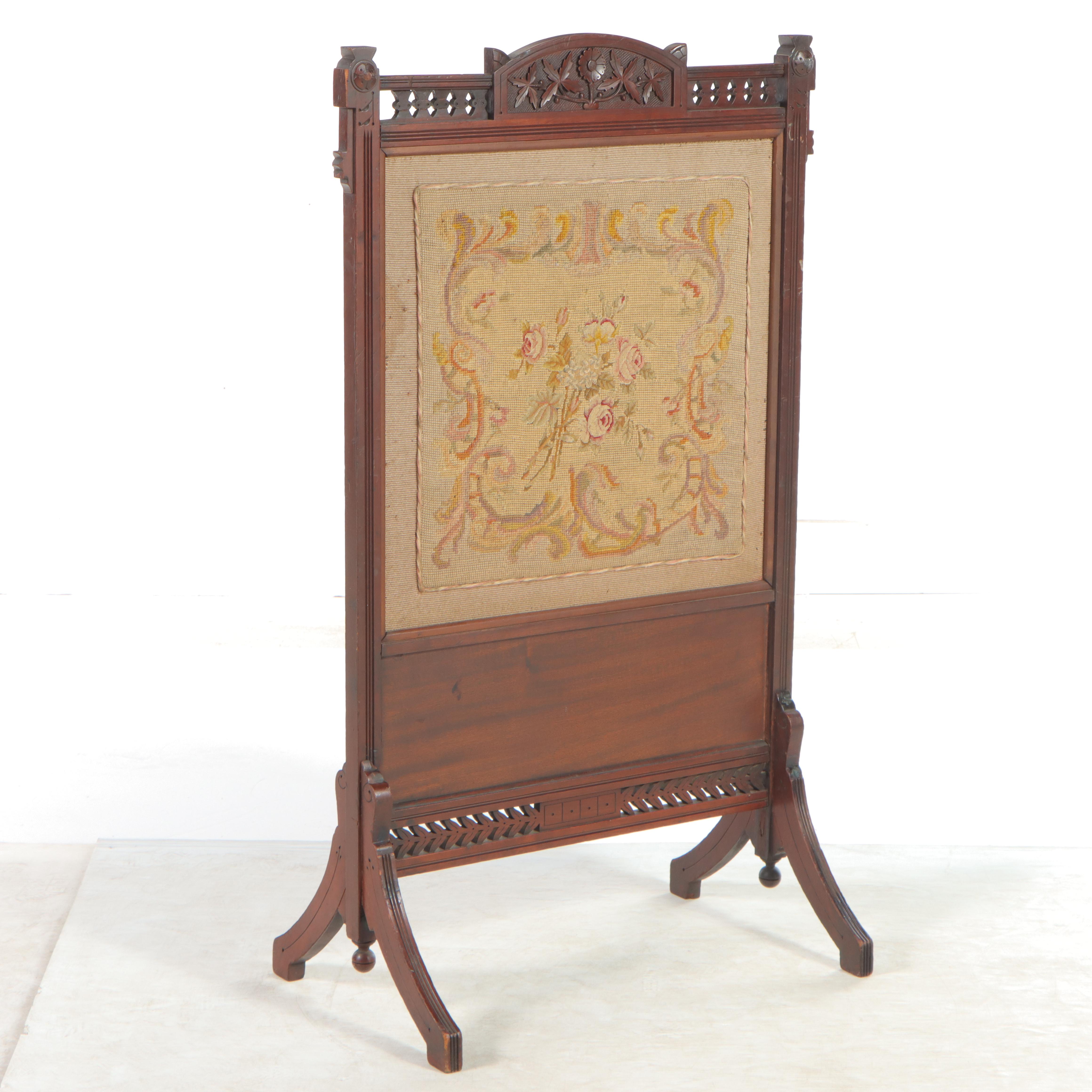 Victorian Eastlake Style Walnut, Mahogany and Needlepoint Fire Screen, 19th C