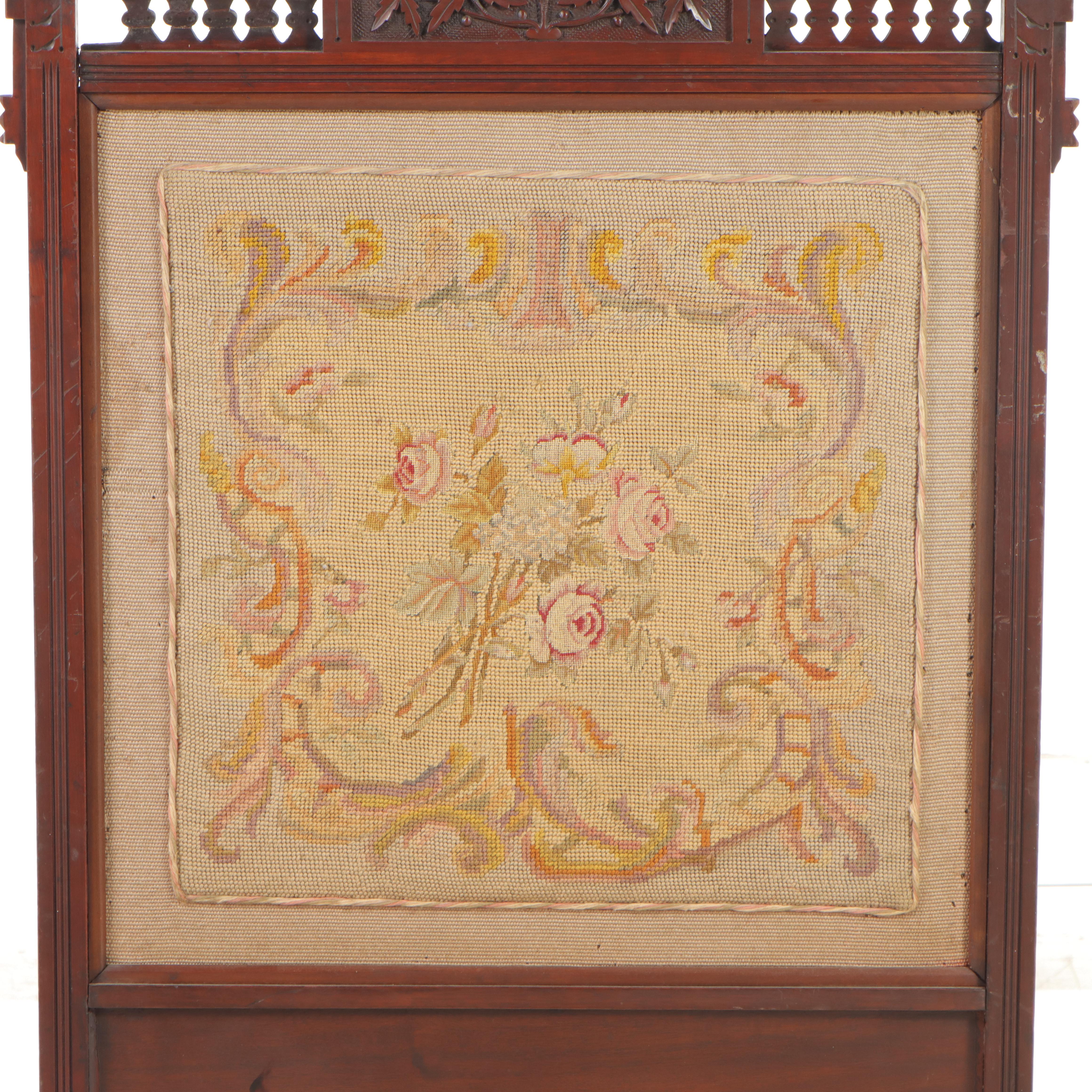 Victorian Eastlake Style Walnut, Mahogany and Needlepoint Fire Screen, 19th C