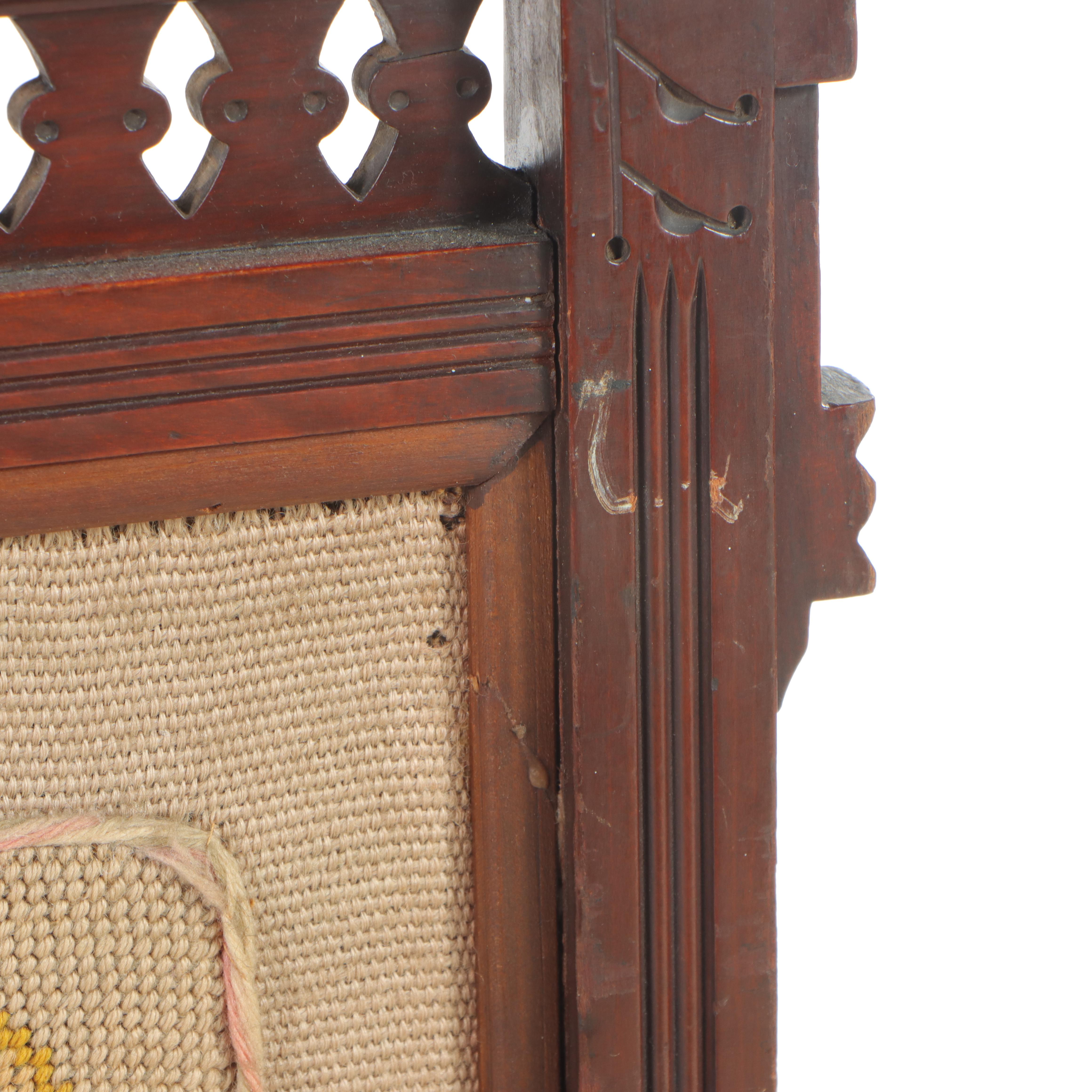 Victorian Eastlake Style Walnut, Mahogany and Needlepoint Fire Screen, 19th C