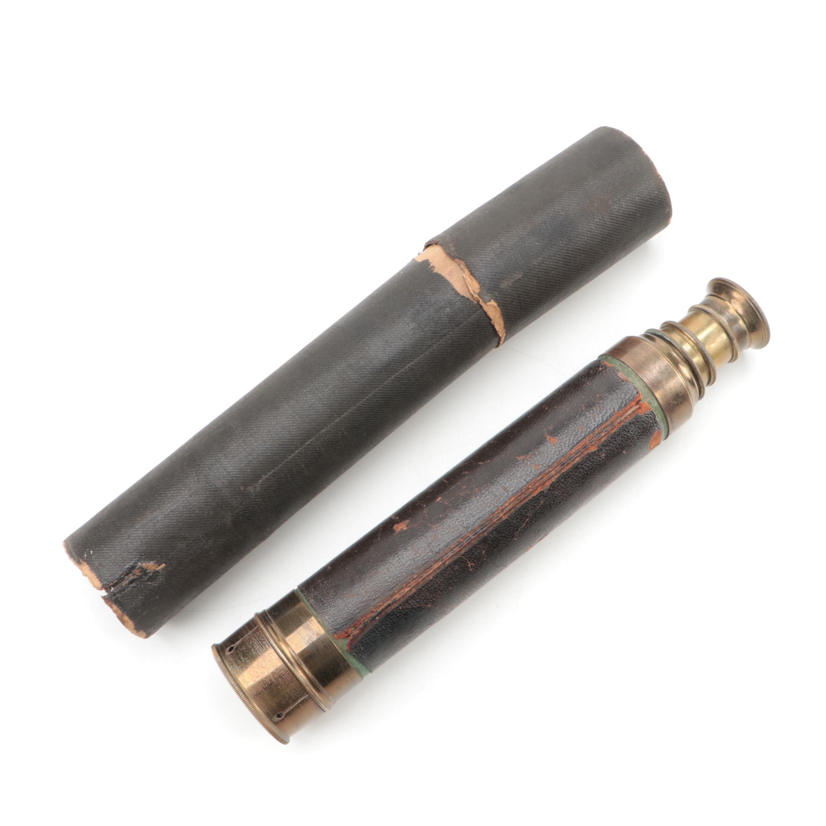 French Brass Spyglass Telescope with Leather Trim, Early 20th Century
