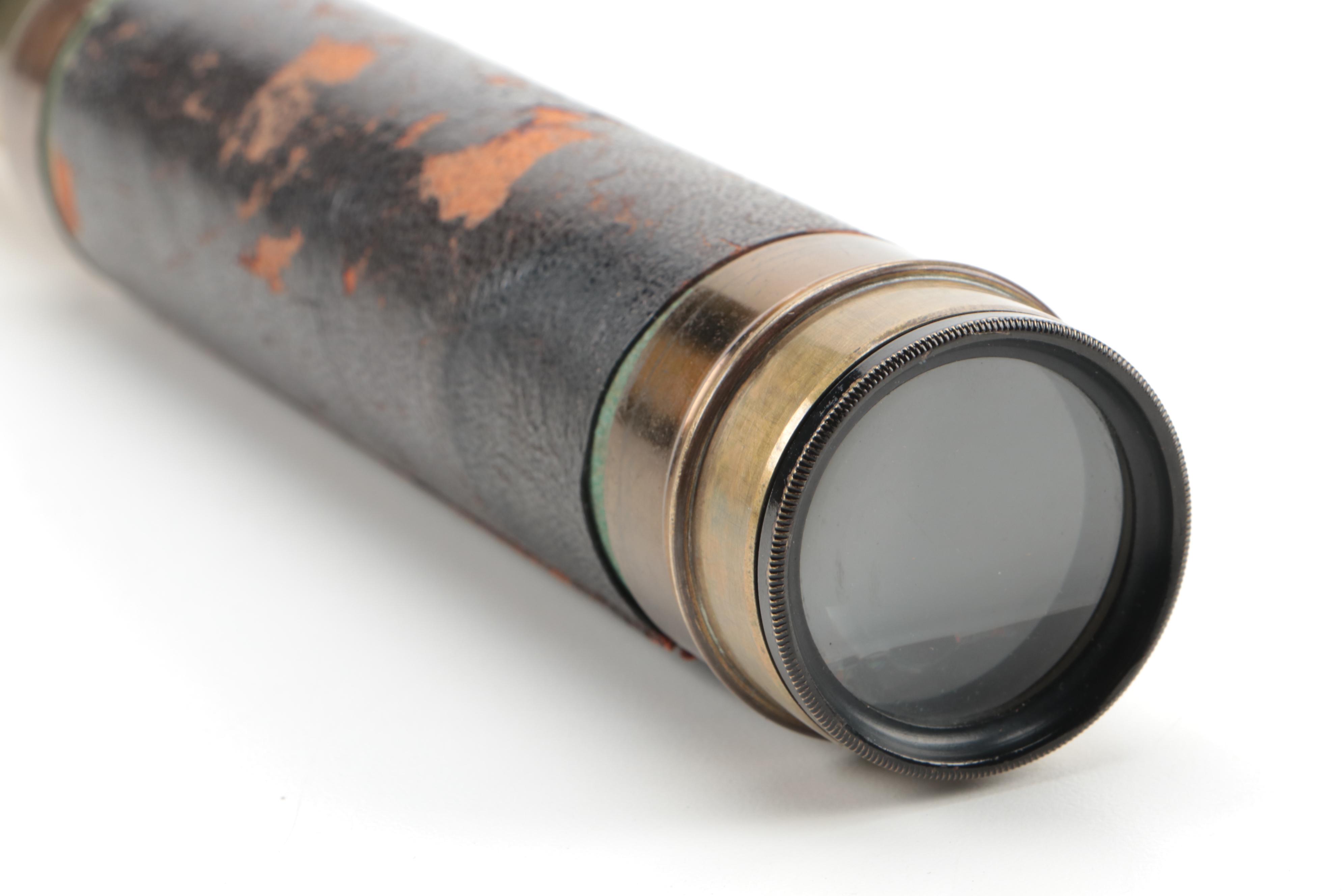 French Brass Spyglass Telescope with Leather Trim, Early 20th Century