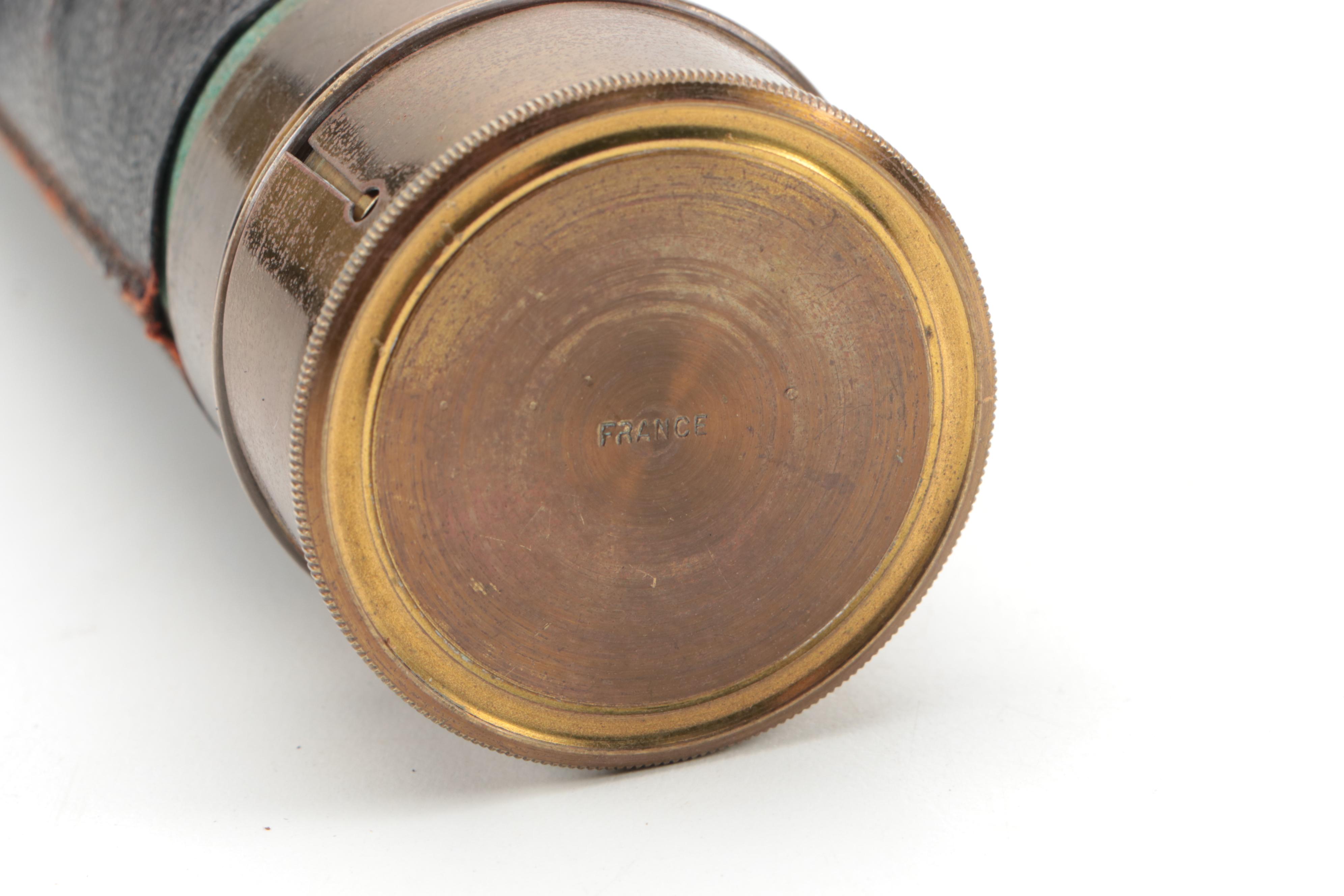 French Brass Spyglass Telescope with Leather Trim, Early 20th Century