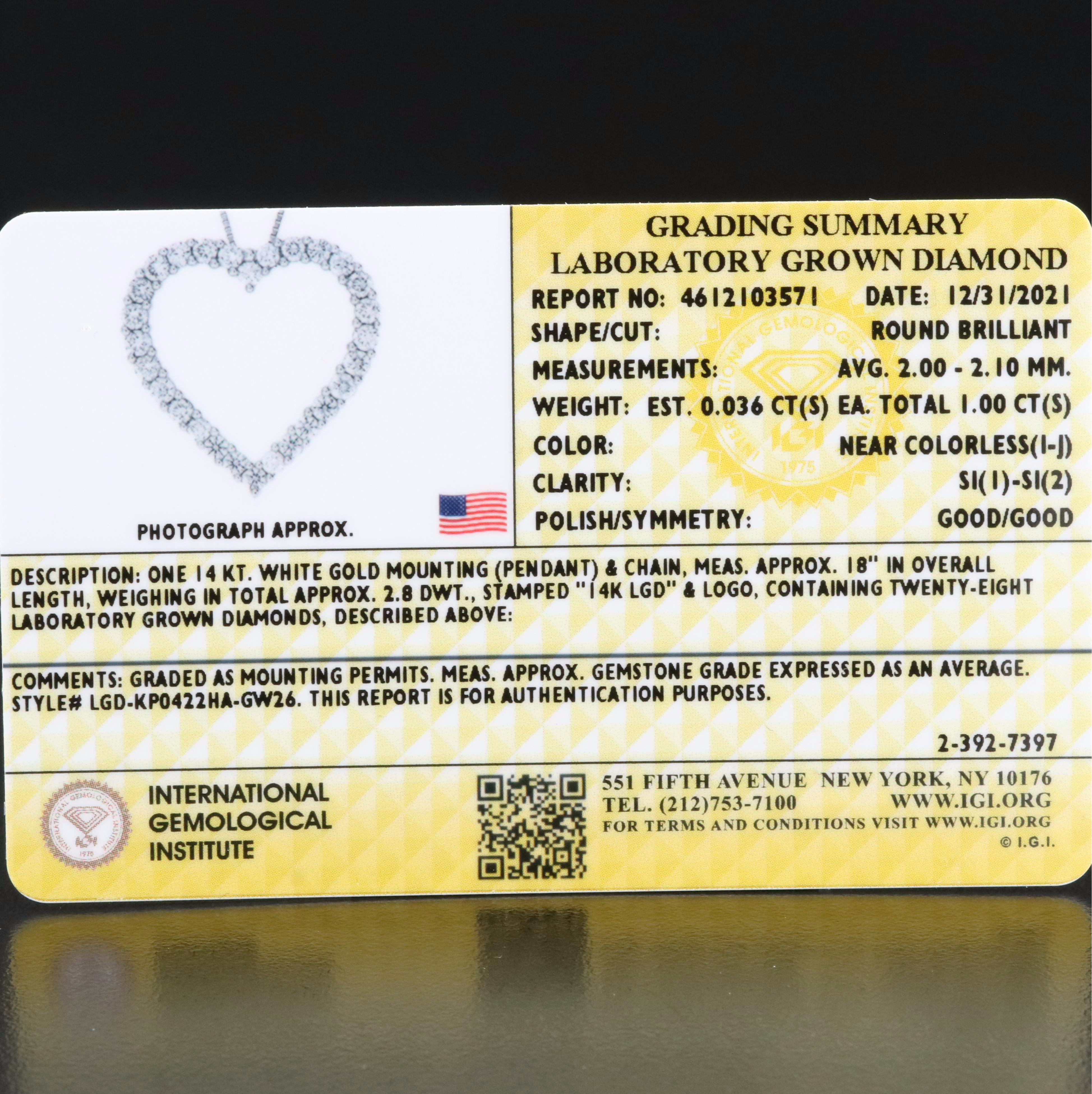 14K 1.00 CTW Lab Grown Diamond Heart Pendant Necklace with IGI Report